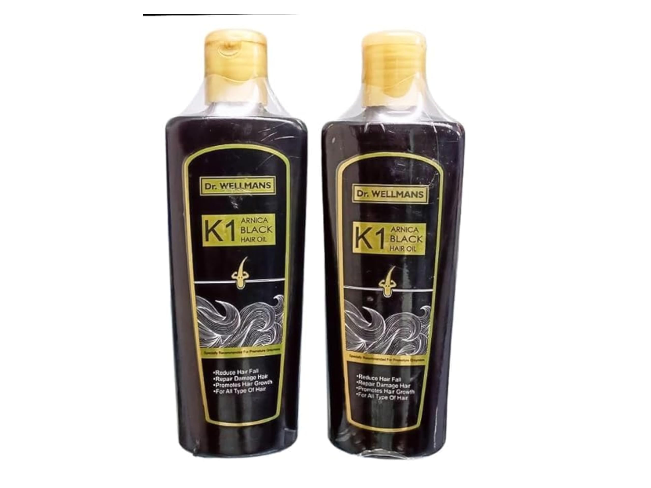 dr. wellmans k1 arnica black hair oil 200ml-(pack of 2) specially recommended for premature greyness, reduces hair fall, repairs damage, promotes growth - for all hair types