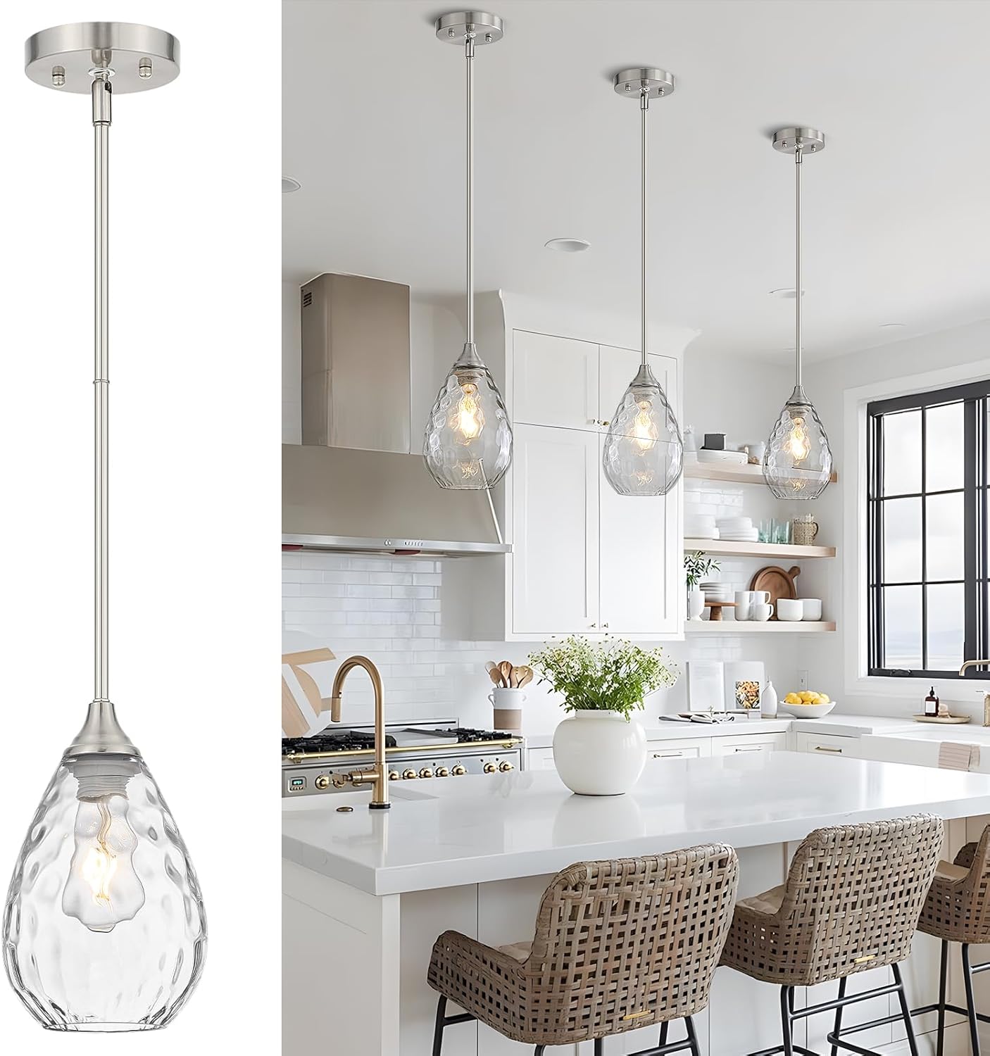 Glass Pendant Lights Kitchen Island, 1-Light Modern Brushed Nickel Pendant Light Fixtures with Hammered Glass and Rods, Small Hanging Light for Kitchen Sink Dining Room Bathroom Brushed Nickel 1 Pack