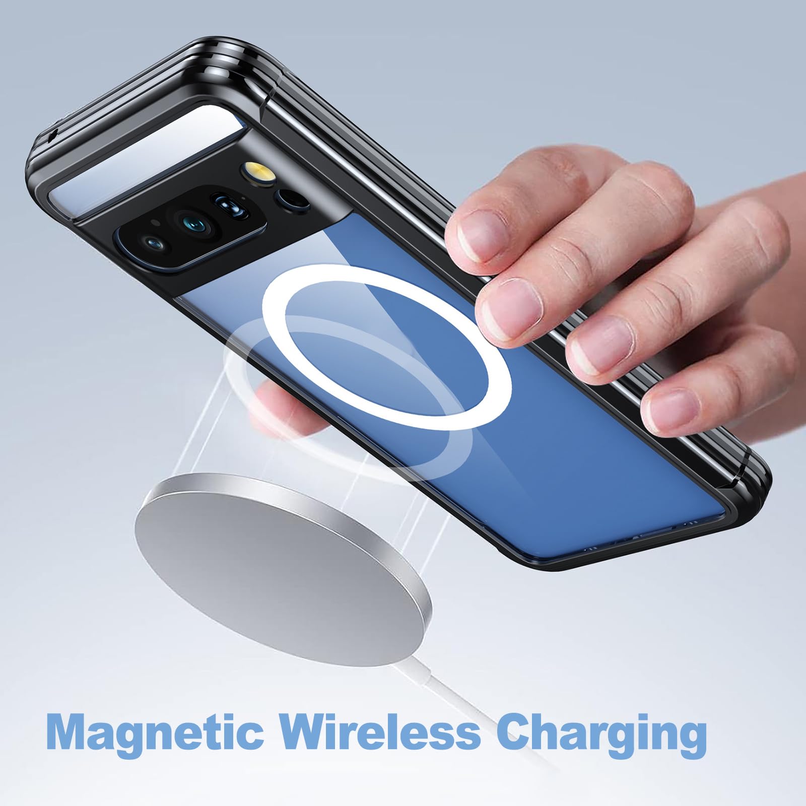 Magnetisch Hülle für Google Pixel 8 Pro, 360° RundumSchutz Hart Schutzhülle, Transparent Handyhülle Support Kabelloses Laden,Rosa