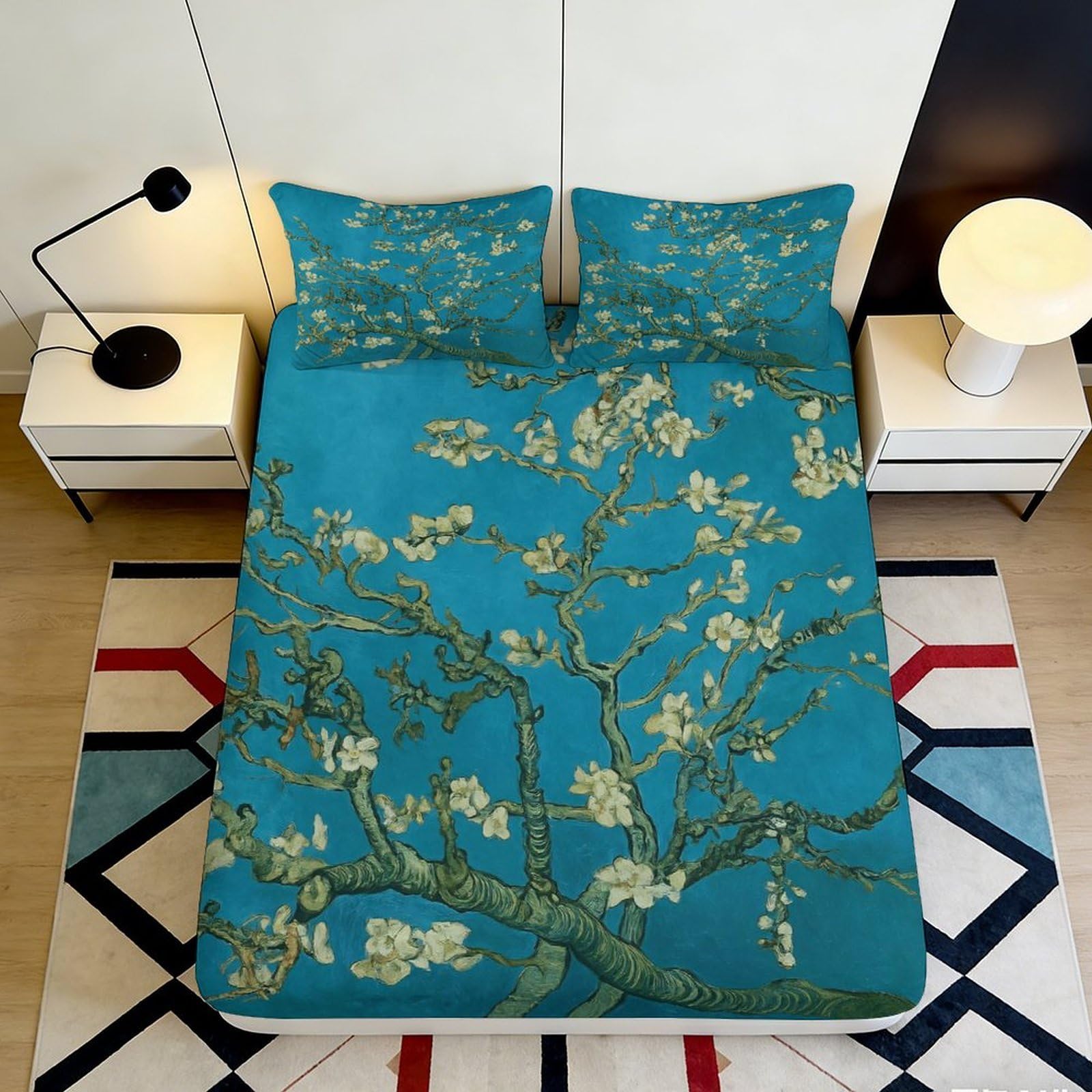 3D Printed Floral Branch Fitted Sheet Microfiber Soft Breathable Blossom Mattress Cover for Bedroom Dormitory Guest Room 90x200x25cm