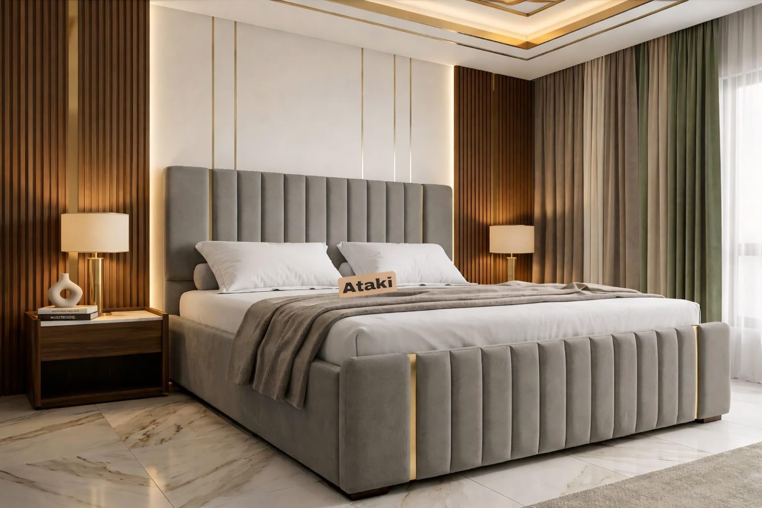 Modern Upholstered King Size Bed with Box Storage | Taupe Grey Sheesham Wood Double Platform Cot | Premium Fabric Headboard for Bedroom Hotel | 6.5 x 6 Ft-image-42