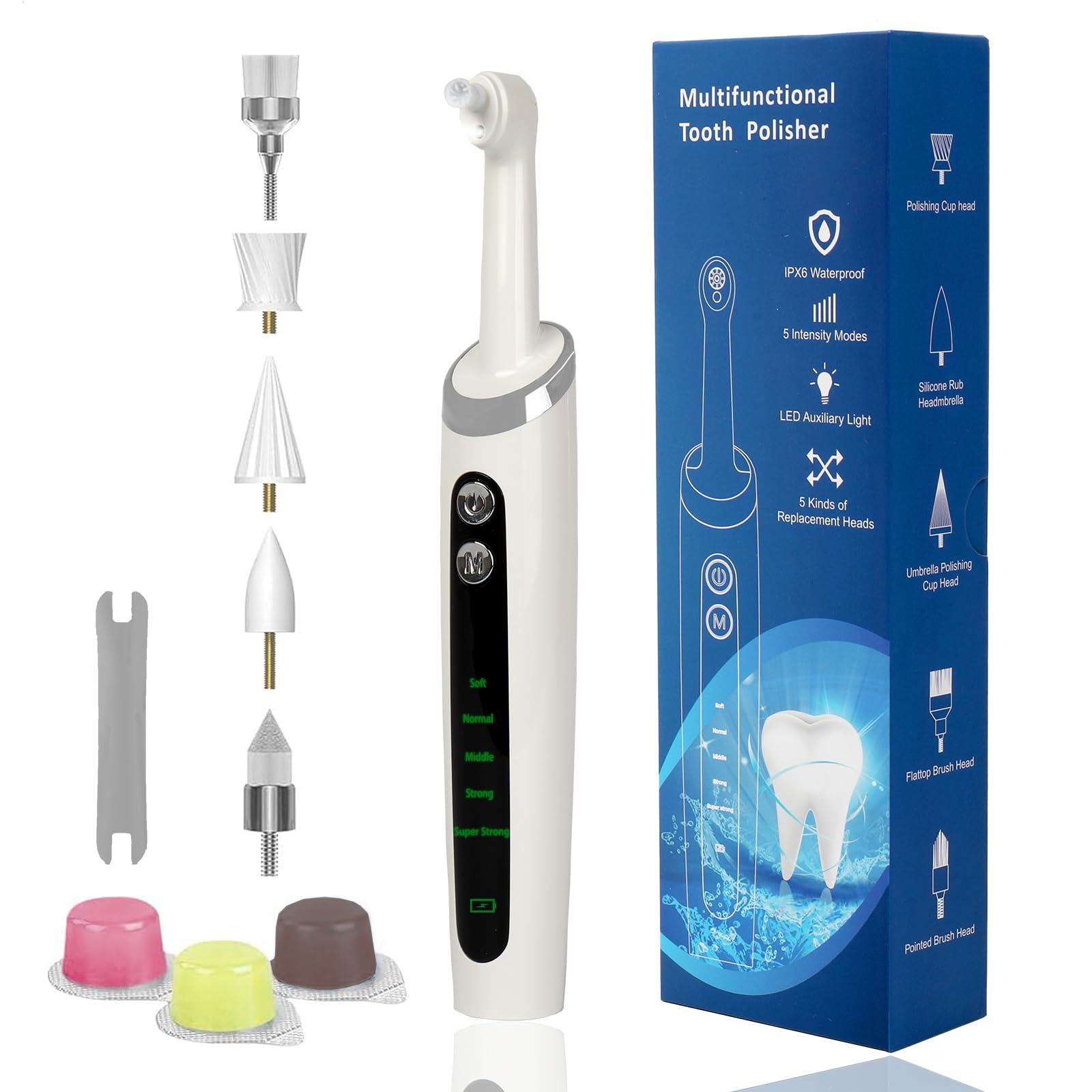 Polisseuse dentaire électrique multifonctionnelle, étanche IPX6, 5 modes d'intensité, lumière LED, 5 embouts, blanchiment des dents et nettoyage en profondeur