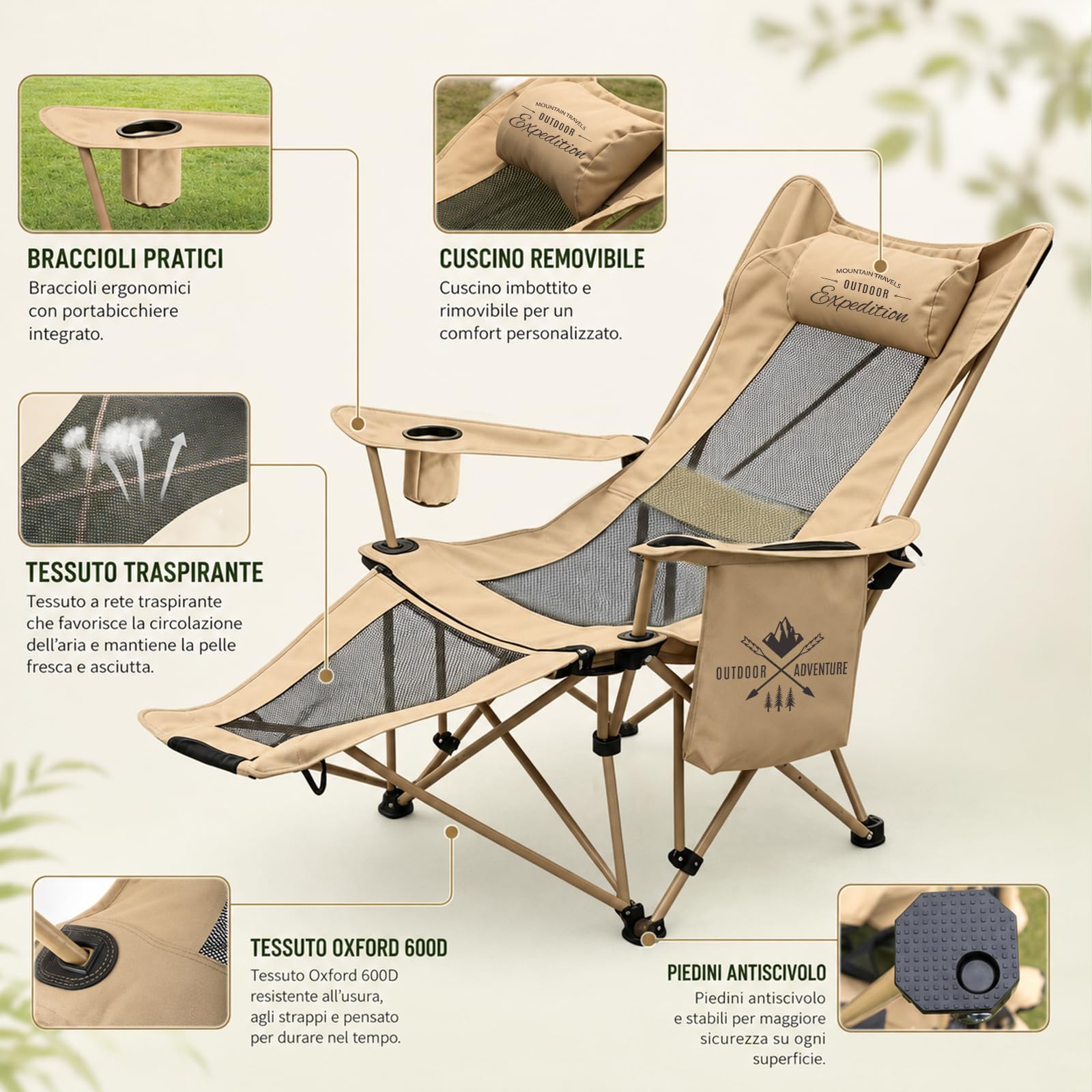 2-in-1 Campingstuhl mit Fußablage, Camping Liegestuhl Klappbar, 4-Fach Verstellbare Rückenlehne, mit Getränkehalter Kühltasche, Campingstühle Erwachsene 120KG, Outdoor Camping Angler Strand