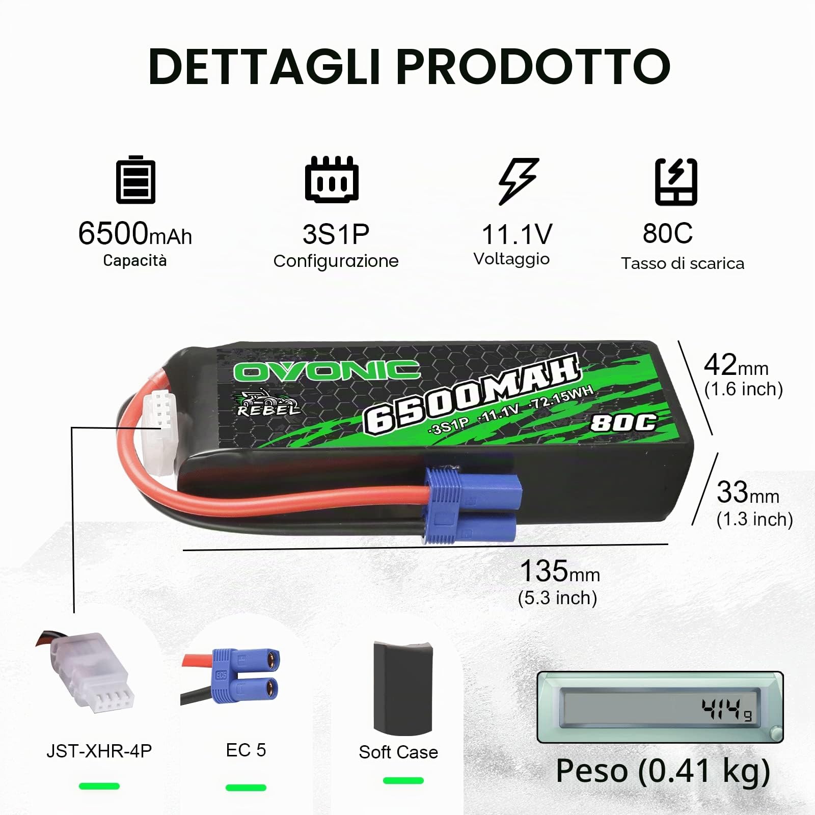 OVONIC 3s Batteria Lipo 6500mAh 80C 11.1V con Connettore EC5 per RC Auto Barca Camion Buggy Team Associato Hobby FAI DA TE