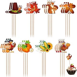 24pcs Thanksgiving Cupcake Toppers, Fall Cake Topper Turkey Little Pumpkin Maple Topper Cupcake Food Supplies for Fall The...
