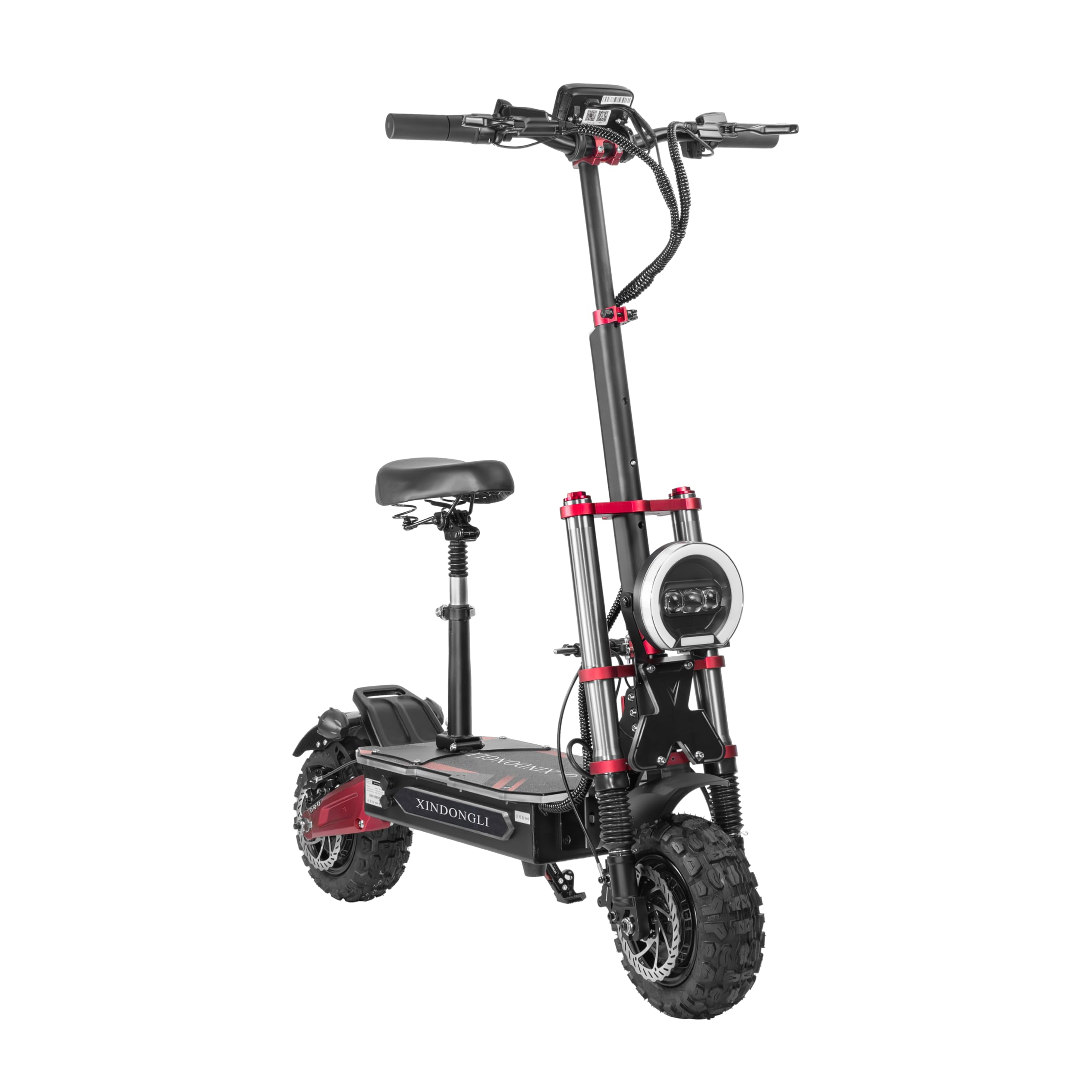 XINDONGLI Electric Scooter with Seat 11-inch Off-Road Tires Dual Suspension LED Display Black and Red