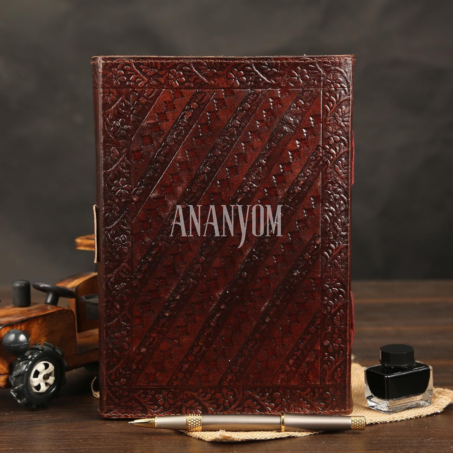 ANANYOM Handcrafted Leather Journal for Writing 5 Stone 10x7 inches Hand Embossed Design 200 Pages,Sketchbook with Brass Clasp Lock - Image 4