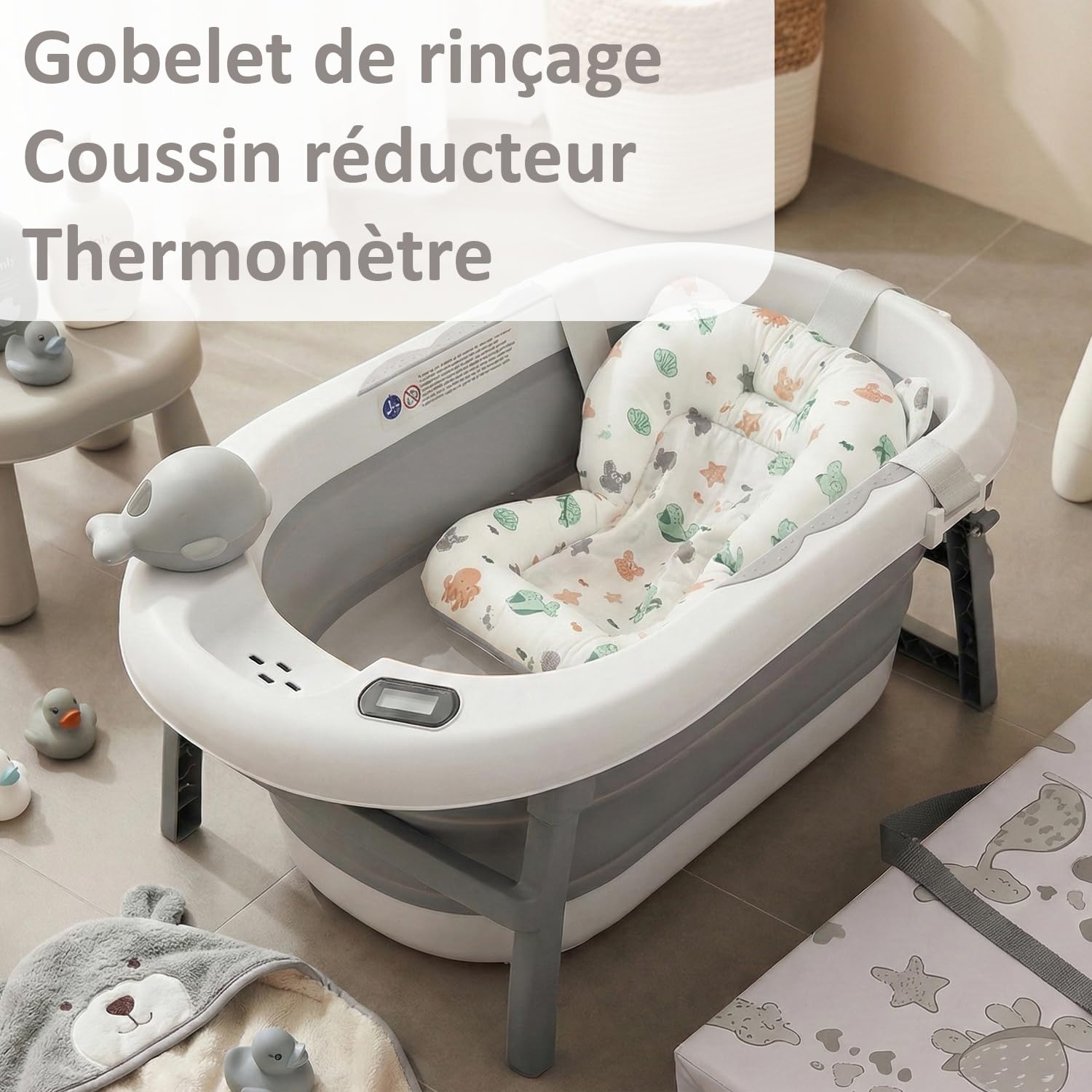 Table à Langer Bébé 2-en-1 avec Baignoire Pliable Pied Hauteur Ergonomique Thermomètre Gris