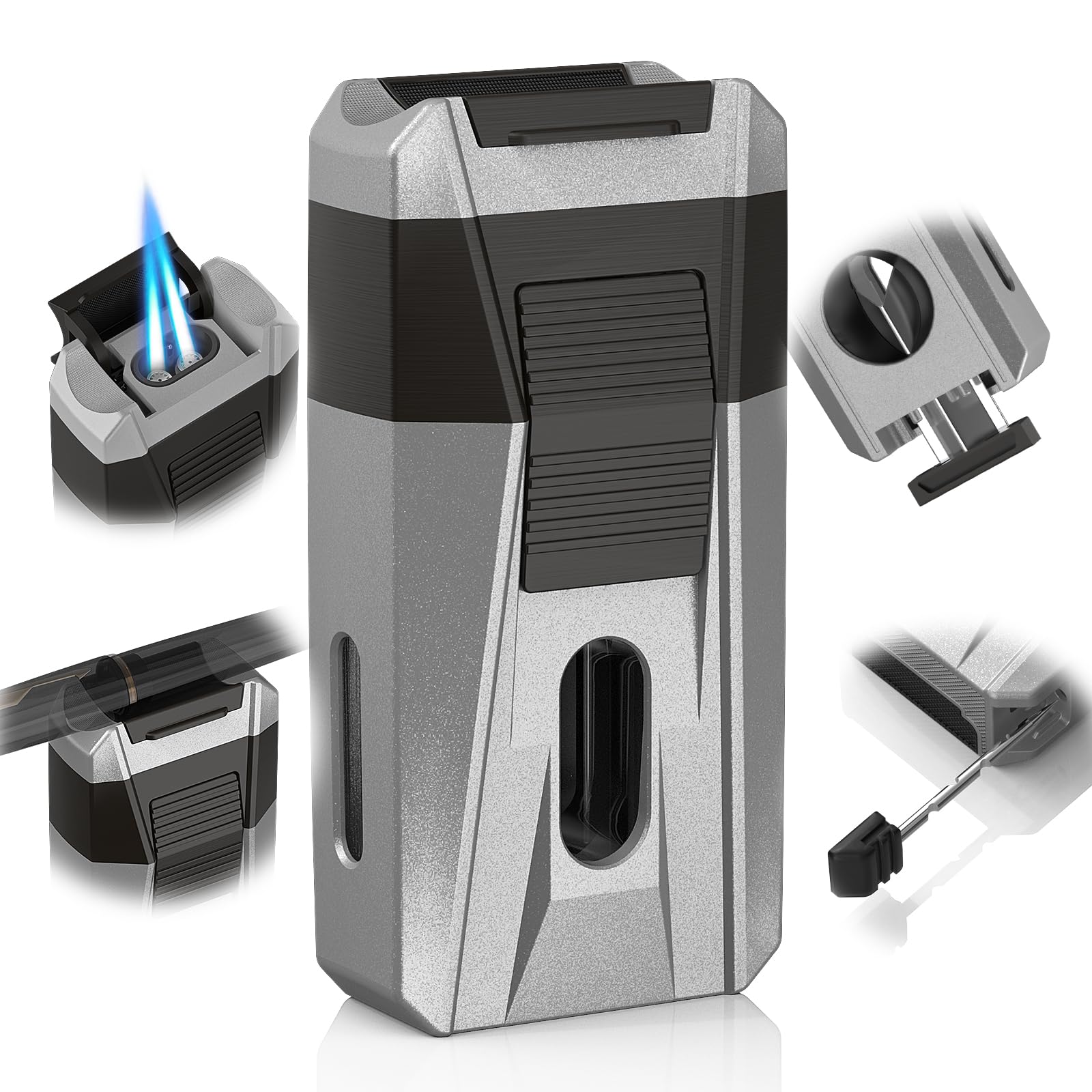 Torch Lighter with Cutter, Holder, Draw Enhancer Tool, Dual Jet Flame, Refillable Butane Torch Lighter, Windproof Lighters for Men with a Gift Box,