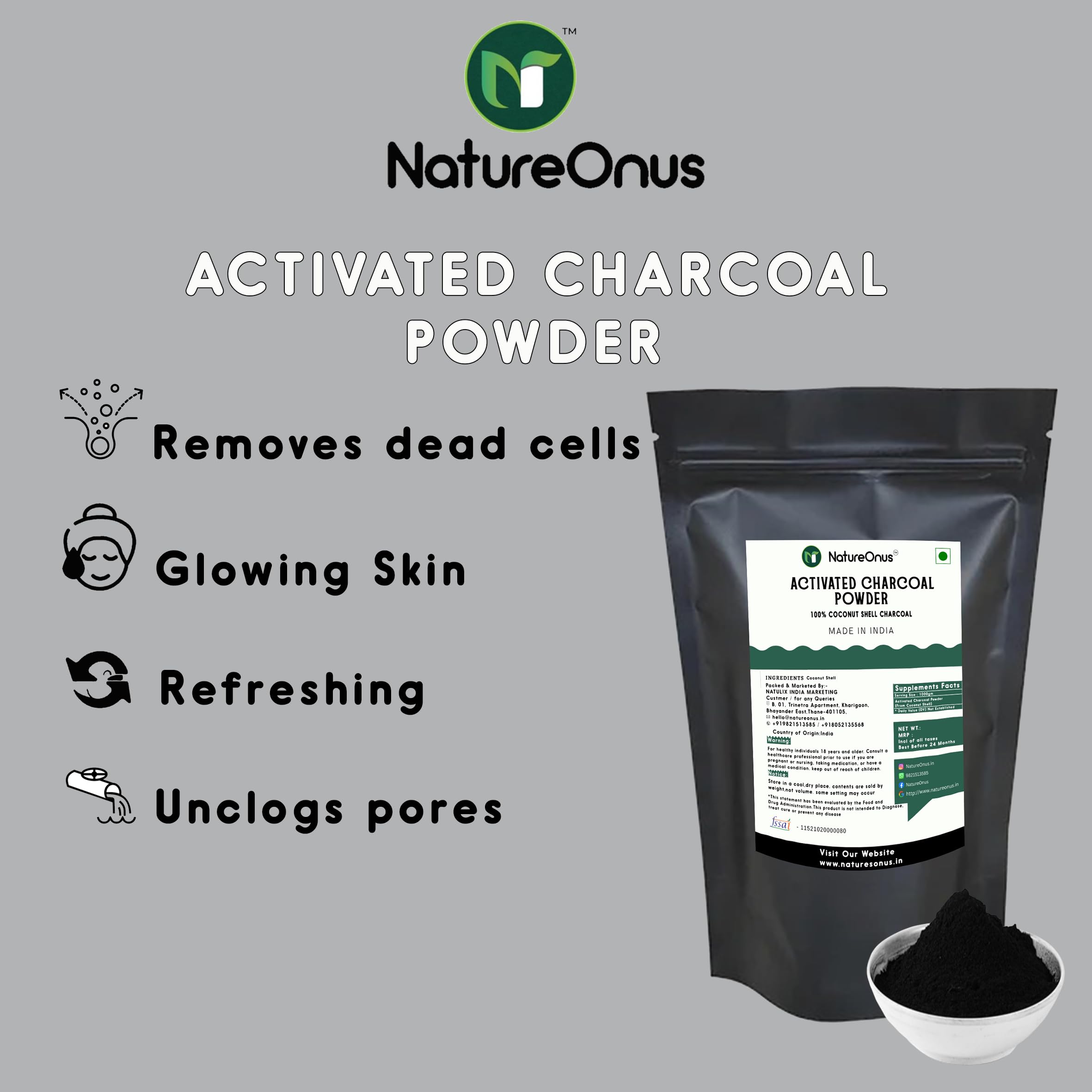 NatureOnus Activated Charcoal Powder 500g | AAA+ Grade Coconut Shells Powder | Teeth Whitening, Detox & Cleansing Powder for Face, Skin, and DIY Use, Food-Grade 1