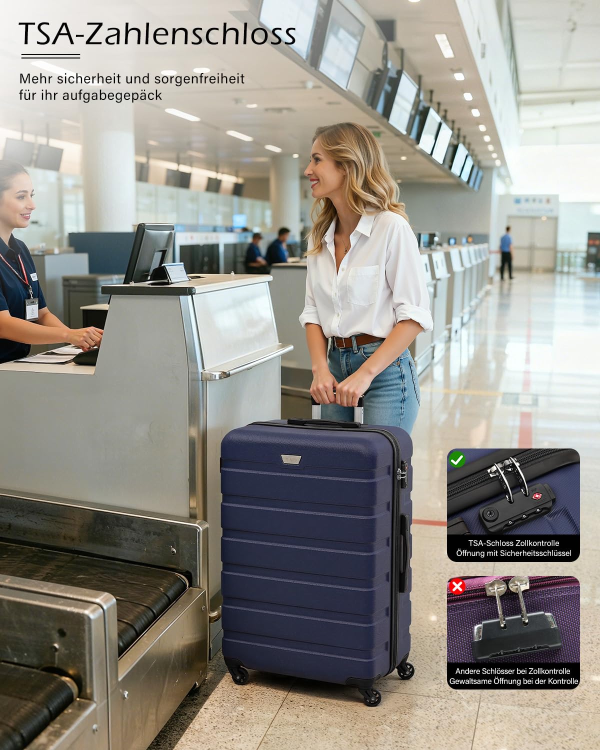 COOLIFE Set de 3 Valises pour Voyages en Famille et à l'International, ABS+PC, Rigide, Valises avec Roues Pivotantes à 360°, Fermetures Éclair YKK, Serrures à Combinaison TSA,Dunkelblau