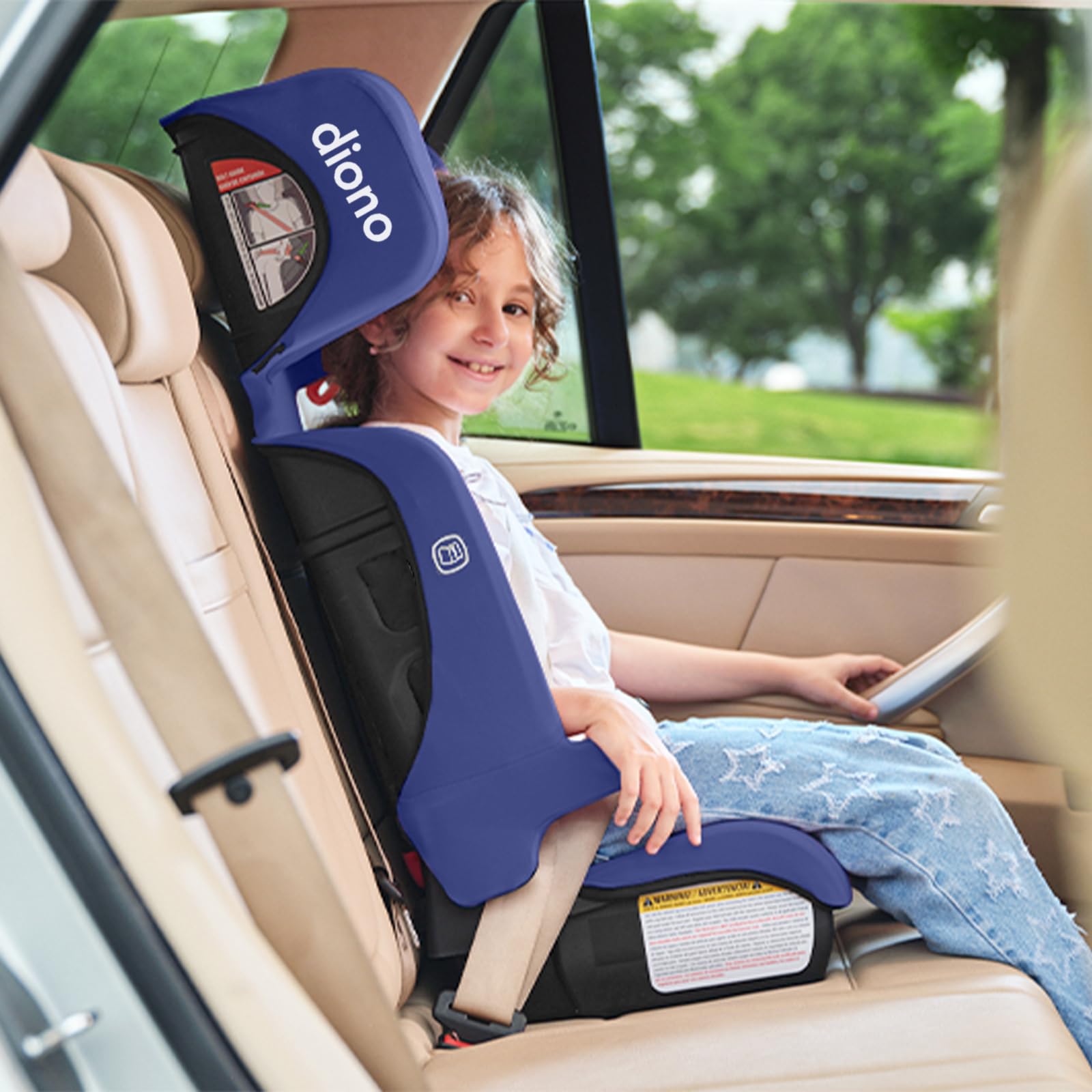 diono airi lightweight high back booster seat, foldable travel friendly, slim 3-across fit, 40-100 lbs/43-57 in, frontal impact protection, blue