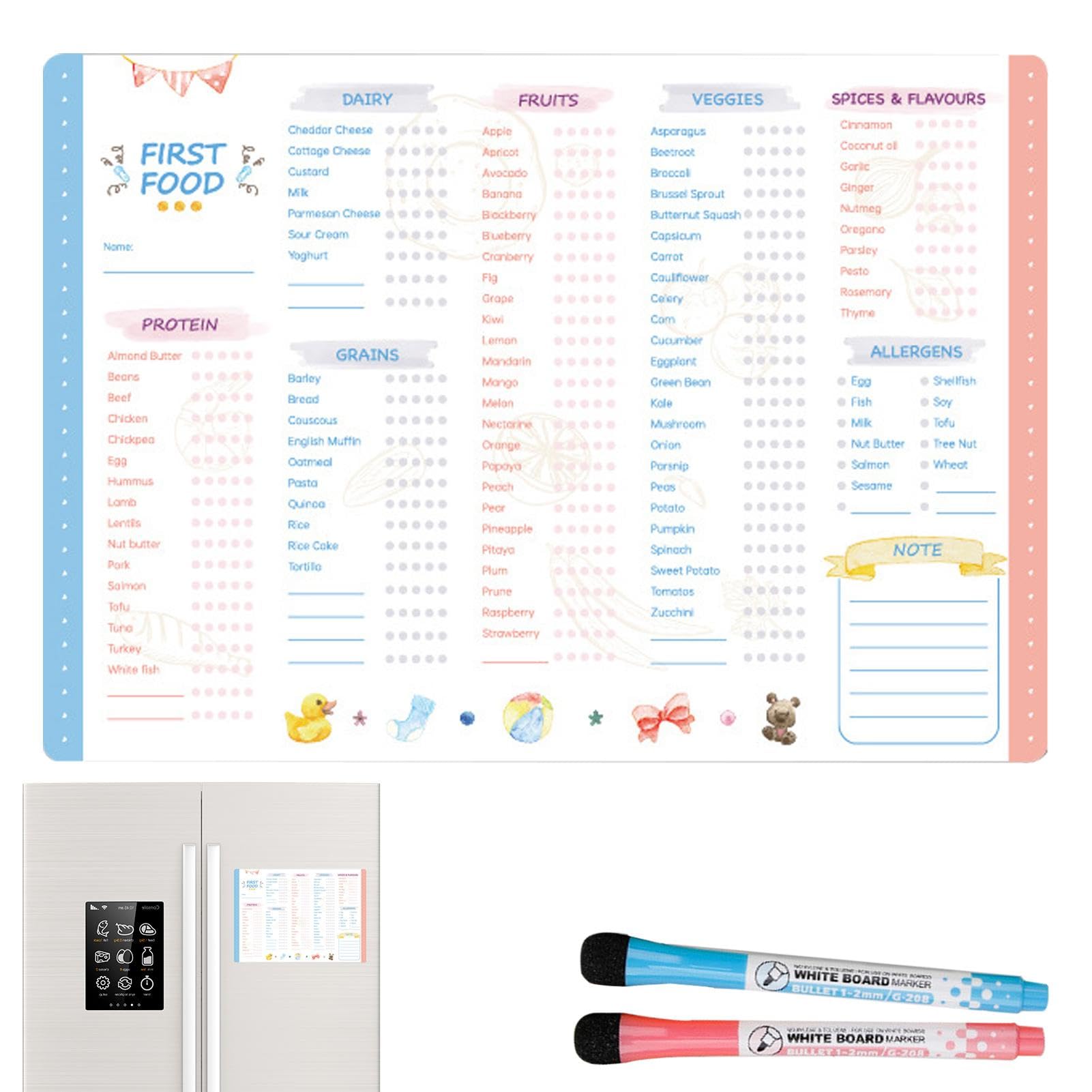 Baby's First Foods Tracker Fridge Magnet, Baby Food Tracker with Back Ful Coverl Magnet, Daily Food Log Book Repeatable Erasing and Writing, 101 Foods