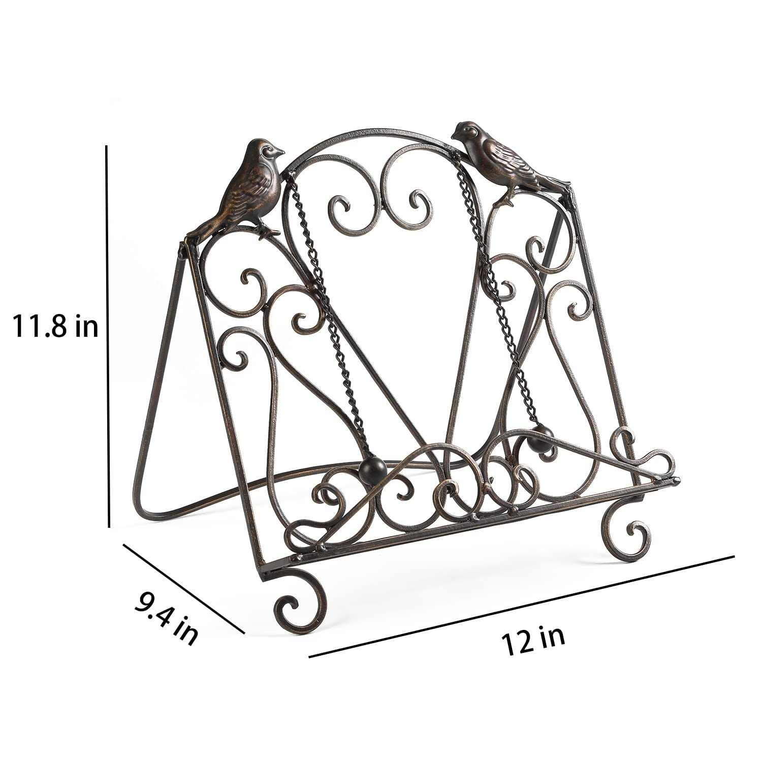 Soporte de metal para libros de recetas para cocina (pájaros/pergaminos vintage, bronce)