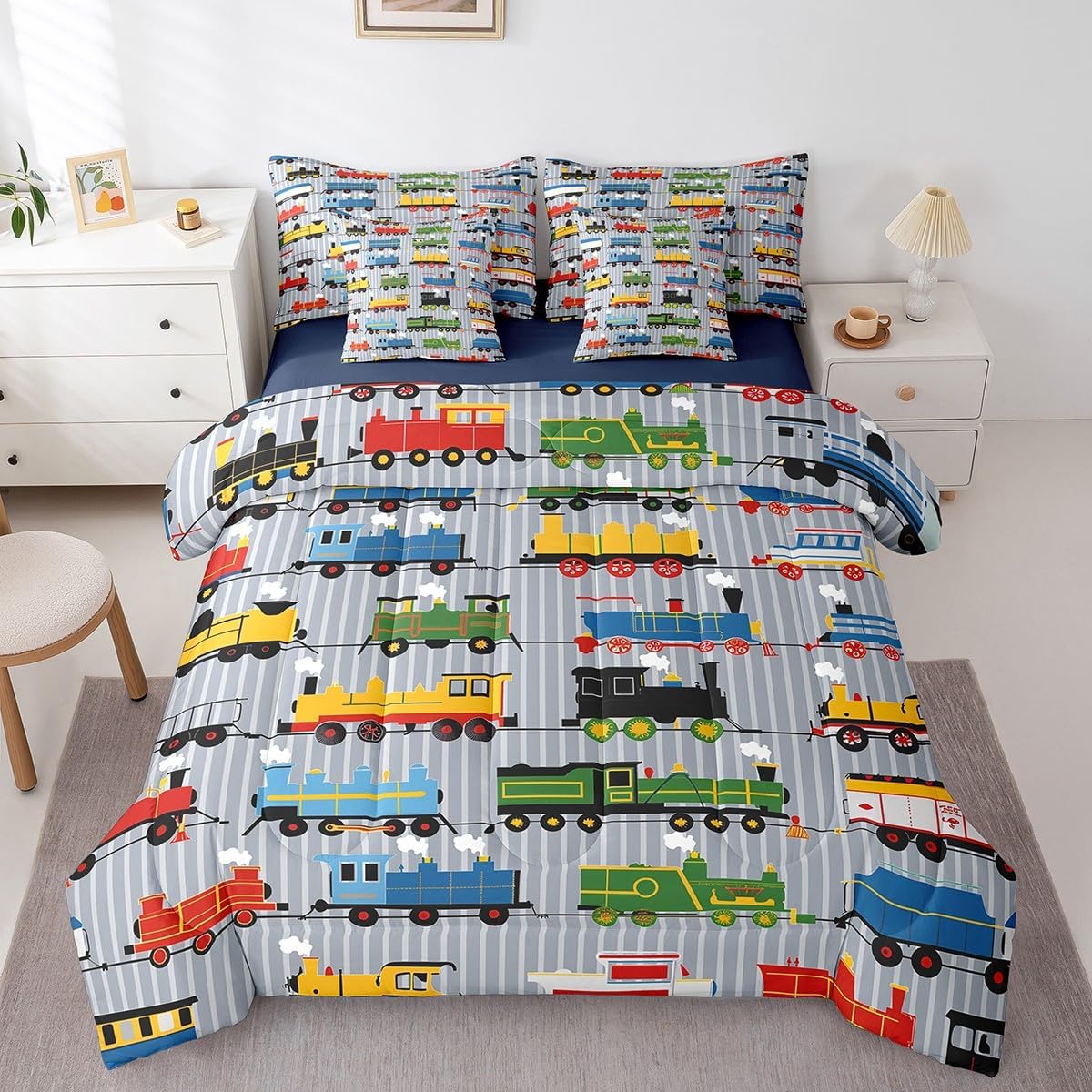Erosebridal Boys Comforter Set Queen Size Train Bedding, Colorful Steam Engine Truck 7Pcs Bedding Comforter Sets(1 Comforter, 1 Flat Sheet 1 Fitted Sheet 2 Pillowcases and 2 Throw Pillow Covers)