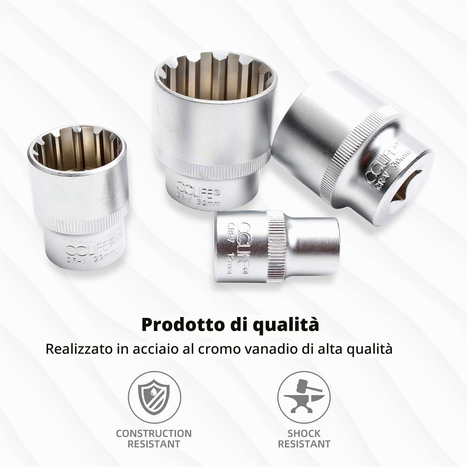 CCLIFE 19 Pezzi profilo E10-E40 kit bussole poligonali torx bussola esagonali 1/2' 8-32mm CRV bussole Chiavi a Bussola Femmina 12 denti