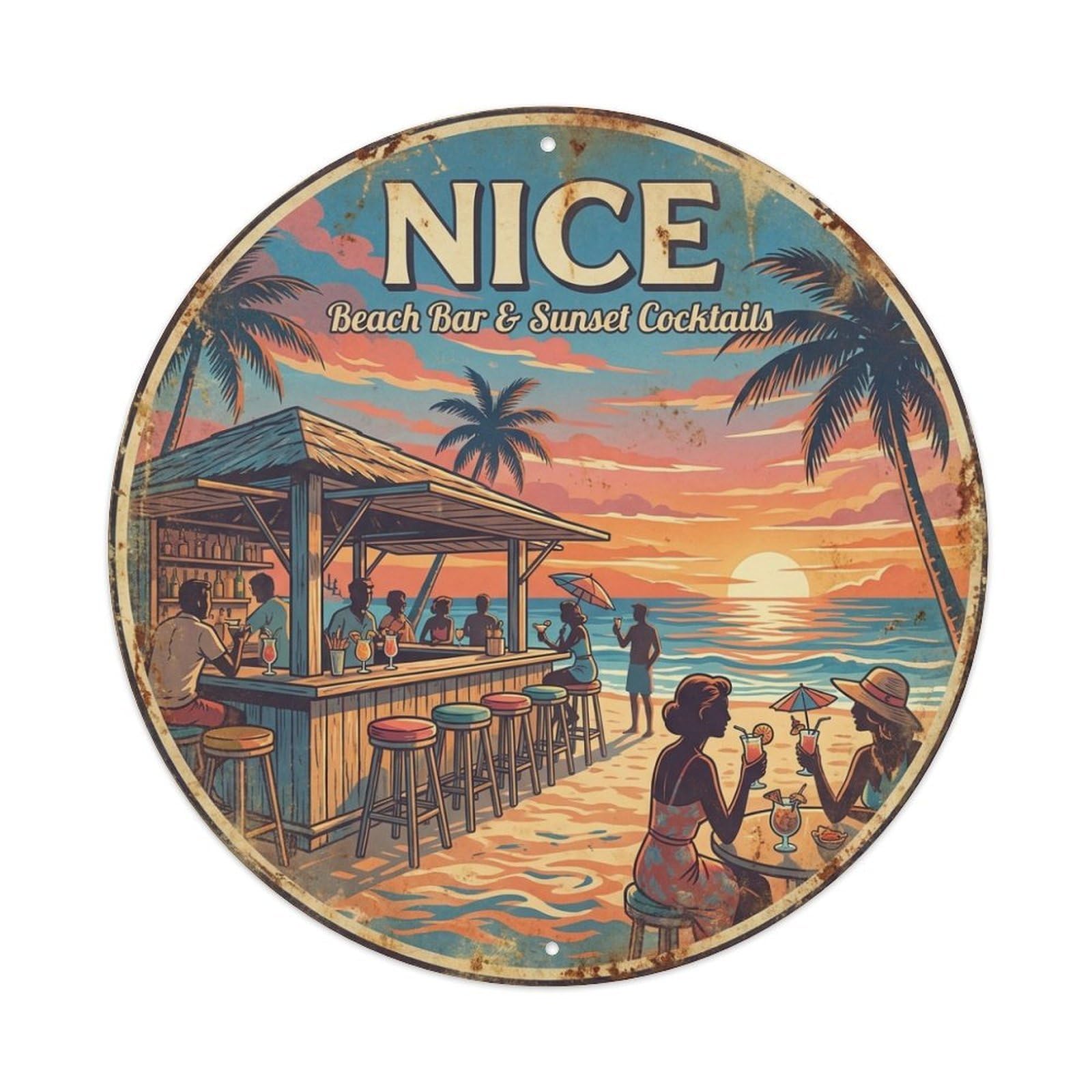 Nice Beach Sunset Cocktails Coastal Route Travel Retro Metal Tin Sign