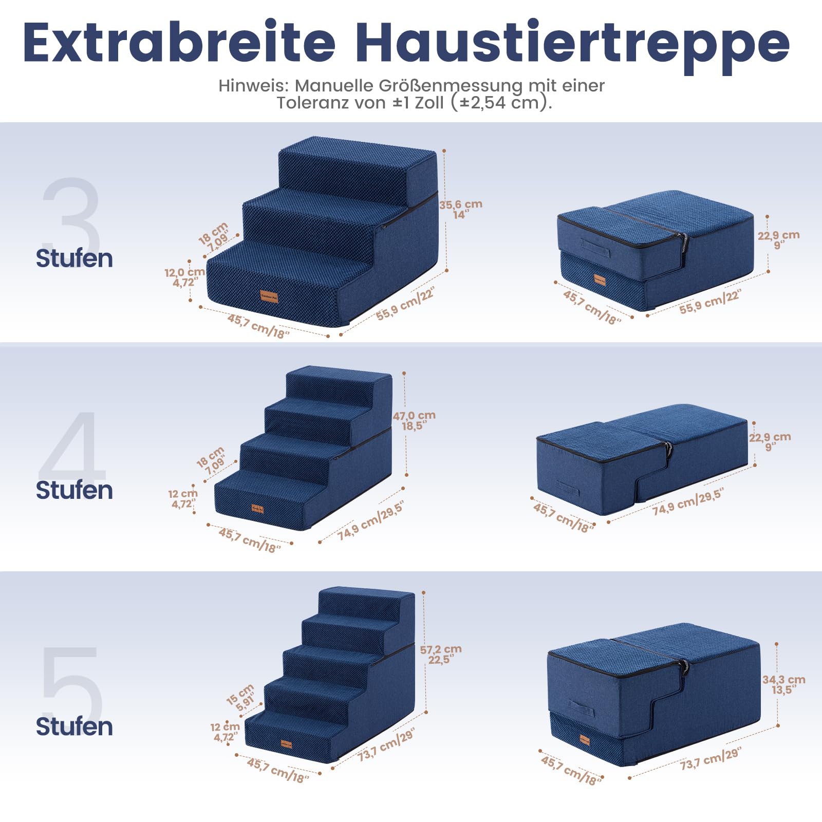 Gardner Pet Hundetreppe für kleine Hunde, Haustiertreppe Hundetreppe 5 Stufen, Hunderampe aus hochdichtem Schaumstoff mit rutschfestem wasserdichtem Stoffbezug für Bett, Sofa, Couch und Auto, Blau