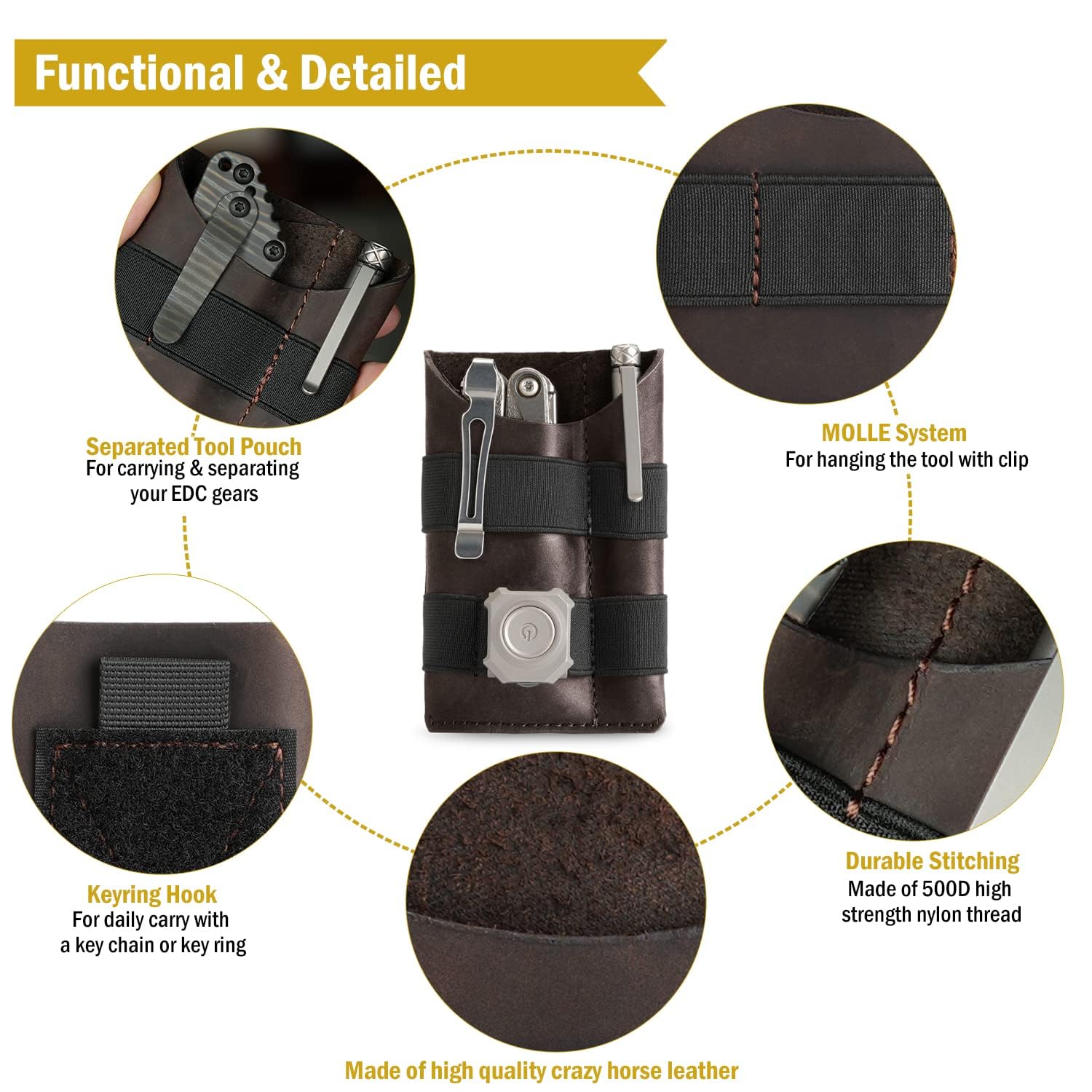 VIPERADE PL5 - Ultra Slim Lightweight EDC Multitool Pouch Organizer Multifunktion Durable Leder Tool Pocket Pouch, Taschenlampenhalter, Stifthalter, Werkzeugscheide, Messerscheide