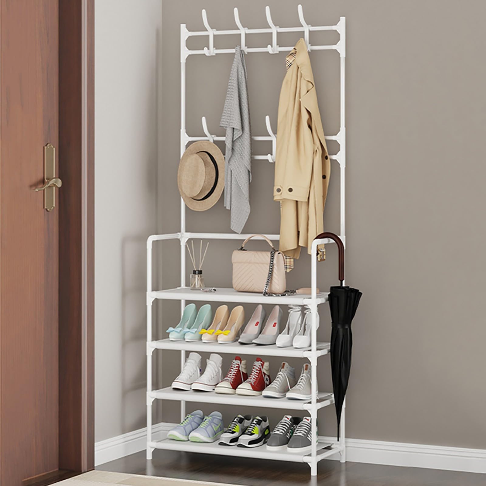 MYUYEE Coat Rack, Coat Rack With Shoe Rack, Perfect As A Clothes Rack For The Bedroom, Freestanding Metal Rods For The Bedroom, Entrance Area, Shop B, 60X26X170Cm(B-60X26X170Cm)