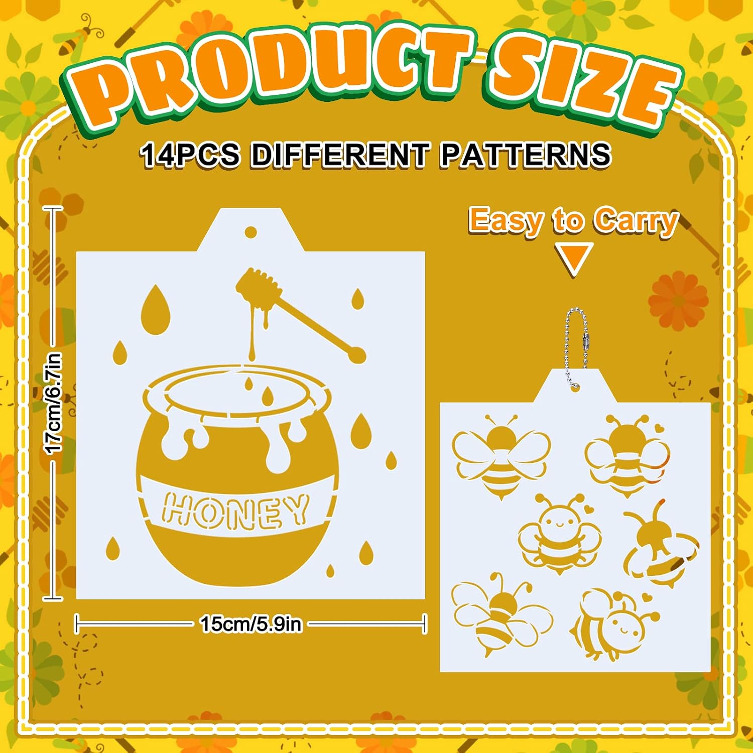 Whaline 14Pcs Summer Bee Cookie Stencils Honeybee Sunflowers Airbrush Painting Stencils Honeycomb Butterfly Biscuit Cake Baking Templates for Summer World Bee Day Party DIY Craft, 6.7" x 5.9"