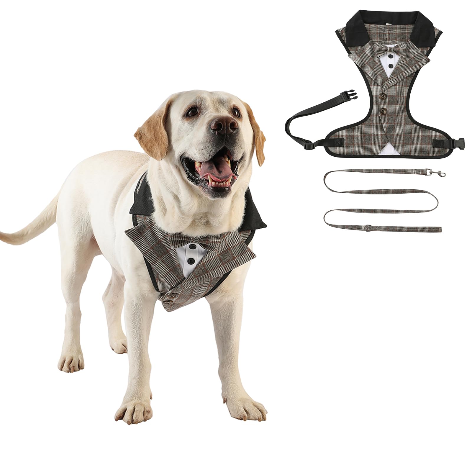 Dog Tuxedo Harness with Leash Set,Pet Formal Occasion Tailcoat Bow Harness Pet Wedding Vest Costume for Cat Puppy Small Medium Large Dogs_XS(Brown Houndstooth)