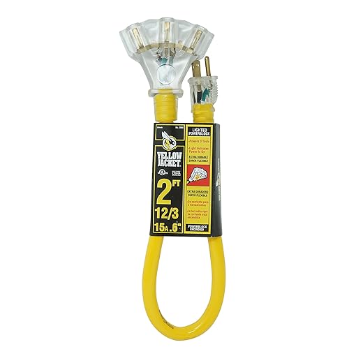 Yellow Jacket 2882 12/3 Heavy Duty 15-Amp, 125 Volts 1875 Watts, Premium SJTW Contractor Grade 3 Outlet Extension Cord with Lighted End, 2-Feet, Yellow, UL Listed, 2 Foot,…