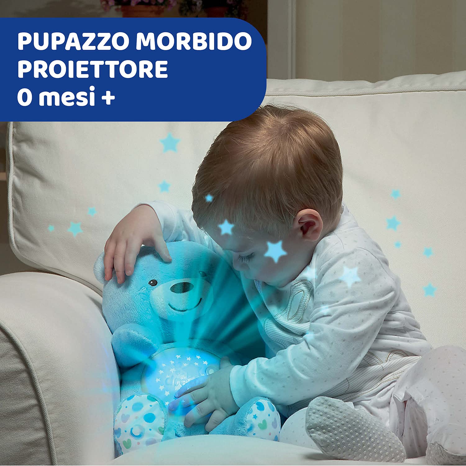Chicco First Dreams Orsacchiotto Peluche Baby Bear, Soffice Pupazzo Proiettore con Luce Notturna Bambini, Effetti Luminosi e Rilassanti Melodie, Azzurro - Giochi Neonato 0 Mesi +