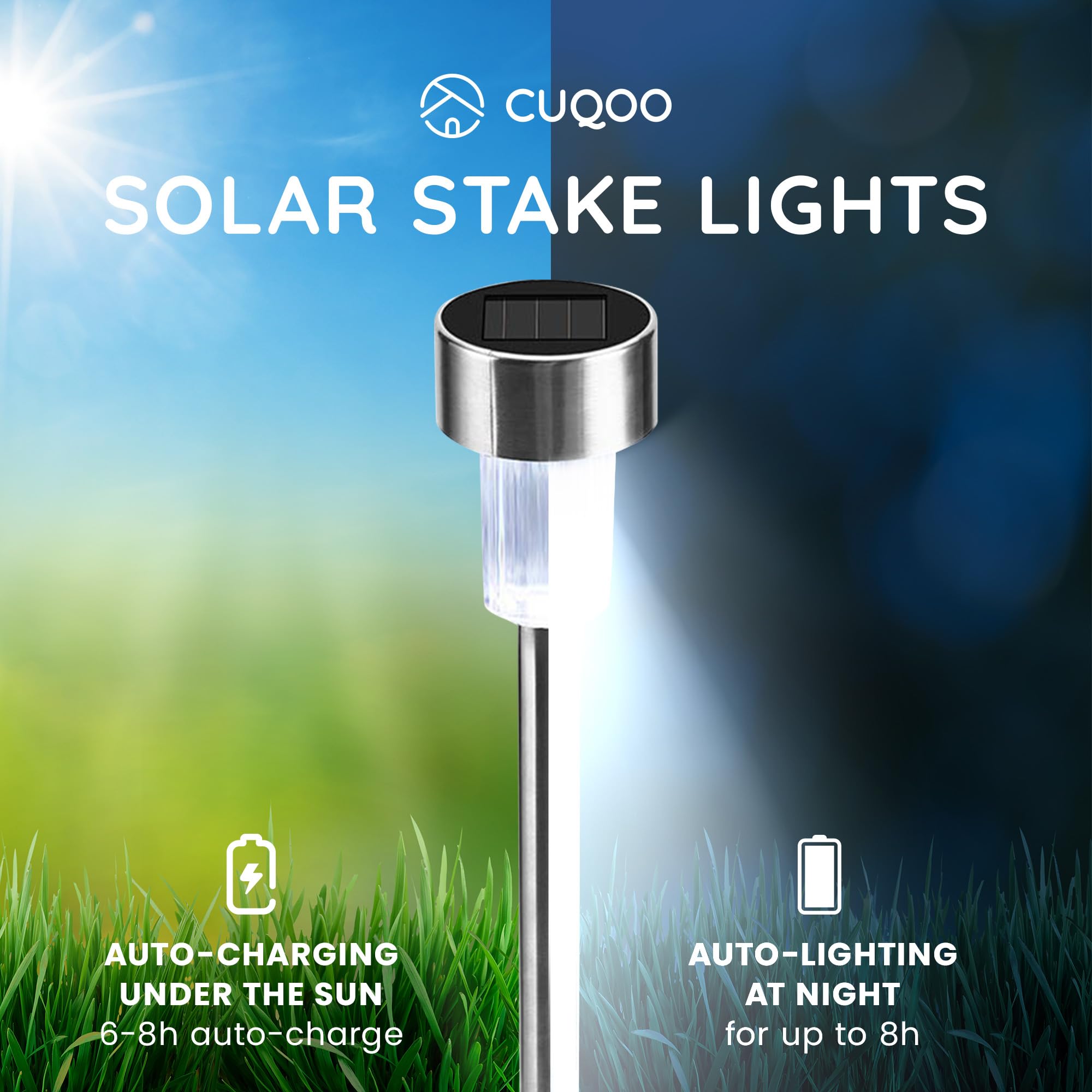 CUQOO Solarne lampy ogrodowe na paliki, 10 szt. diod LED, wodoodporne, ładowalne, ze stali nierdzewnej, do oświetlenia ścieżki, zewnętrzne lampy solarne do ogrodu, białe