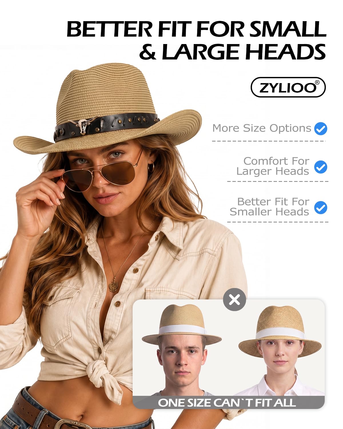 Zylioo Chapeau de cowboy en paille avec mentonnière fixe - Chapeau de soleil western UPF50+ - Chapeau de cowgirl d'été pour la plage et la randonnée