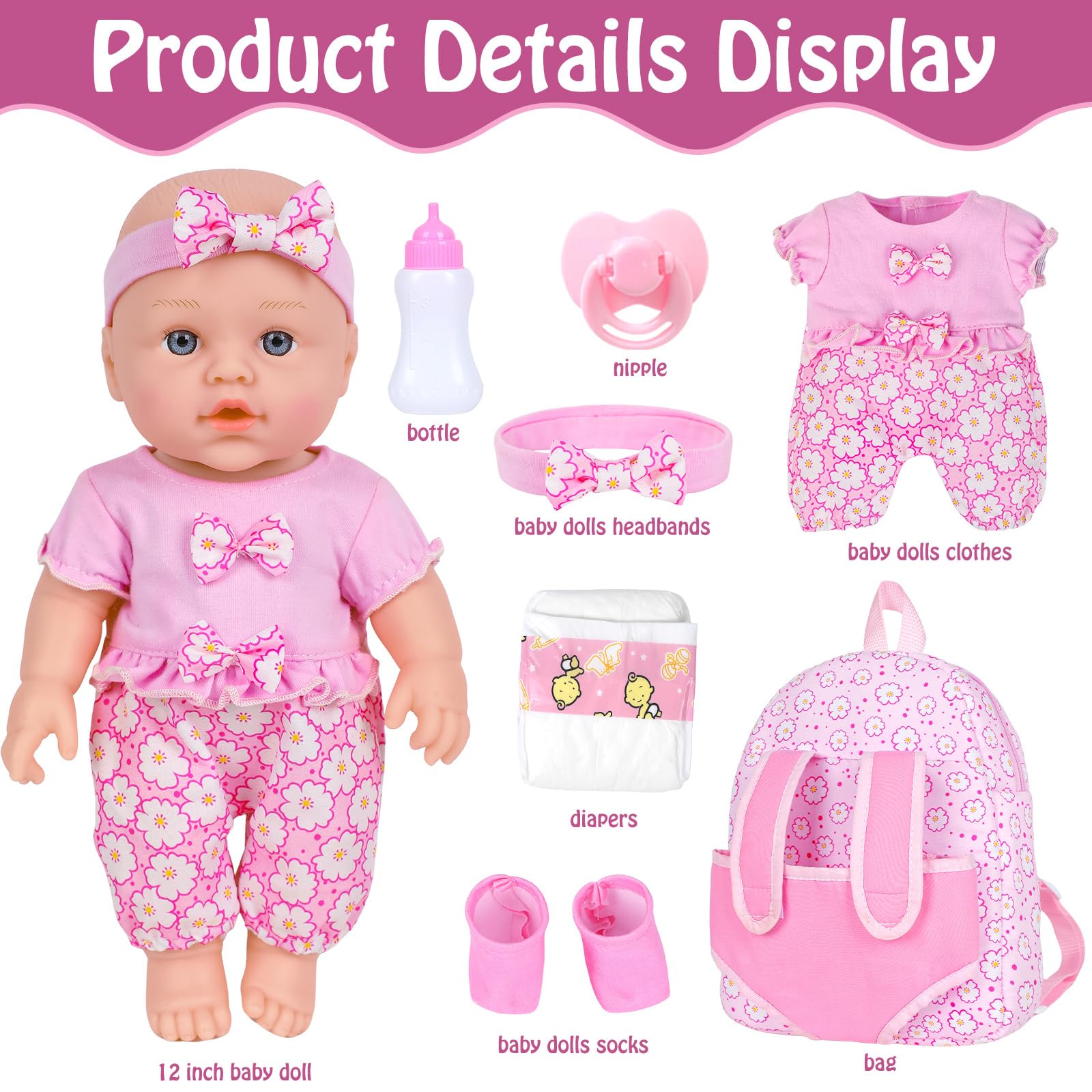 Muñecas de bebé de 12 pulgadas con mochila para guardar ropa y accesorios de muñecas, juego de muñecas Reborn de 12 pulgadas en caja de regalo con biberón y pañal para pezones para niños 7