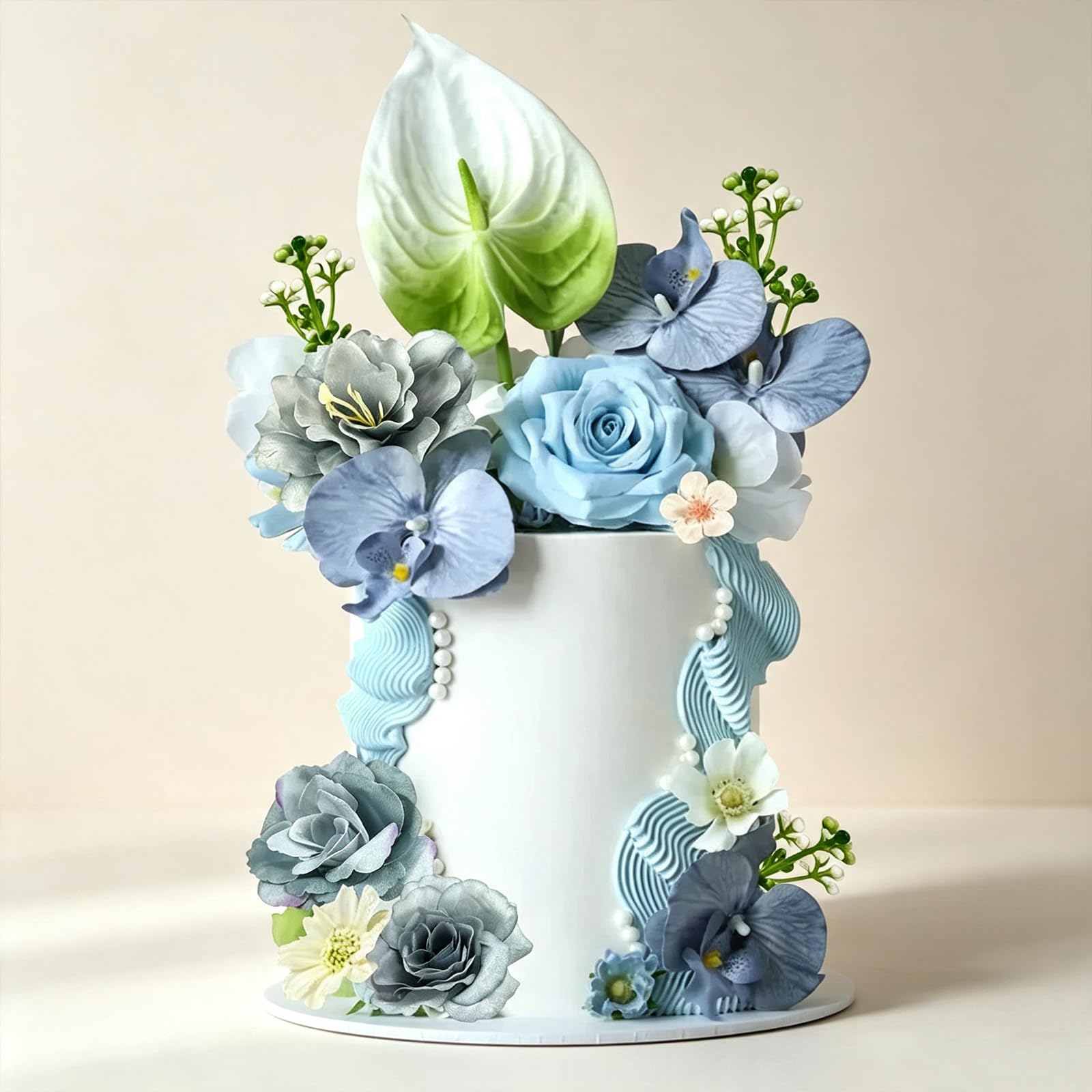 18 Pcs Dusty Blue White Flower Cake Topper for Birthday Party Wedding