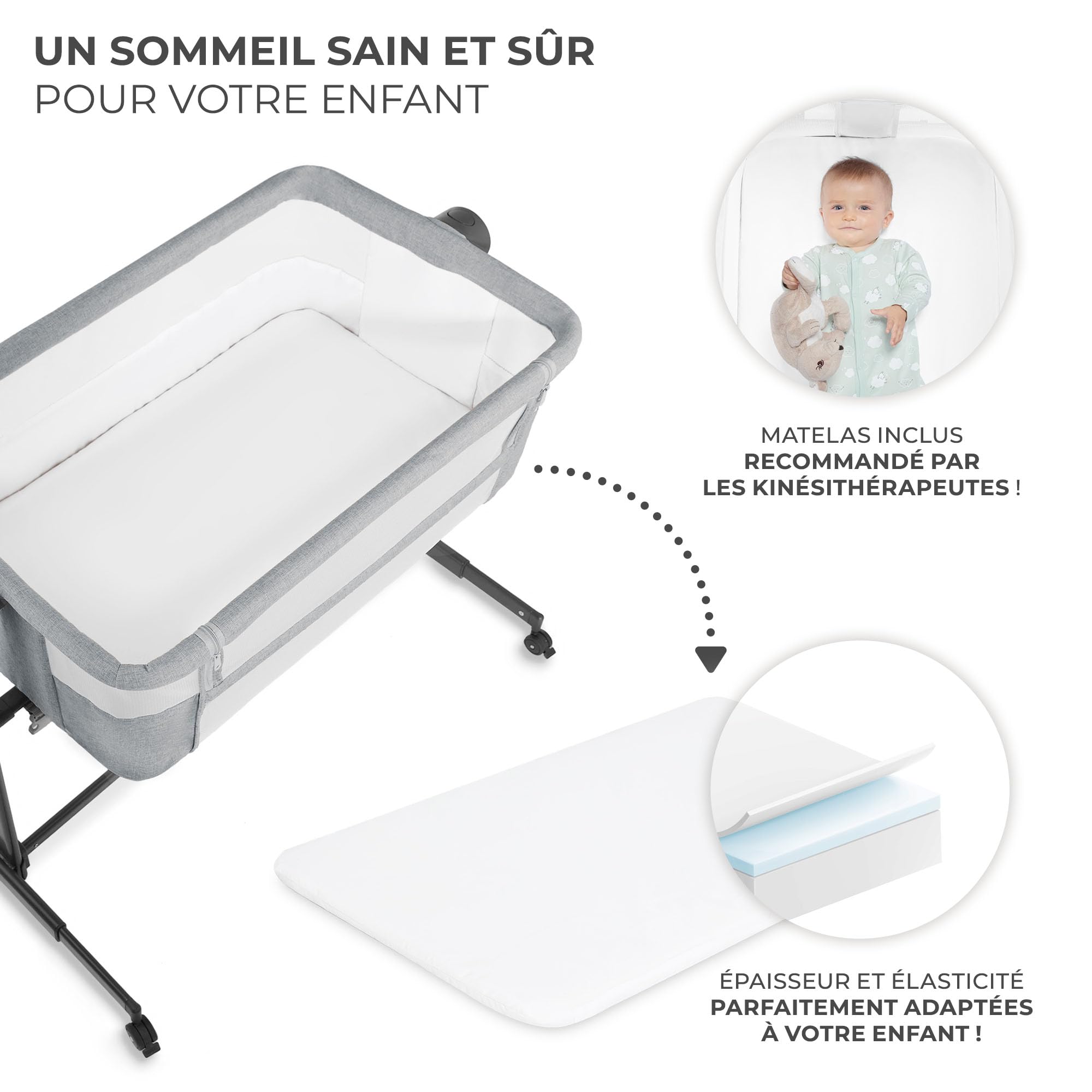 KINDERKRAFT Neste UP 2 Lit bébé cododo, Lit Bebe avec Matelas de la Naissance, Réglage de la Hauteur, Facile Adapter au lit du Parent, Pieds réglables, Gris Clair