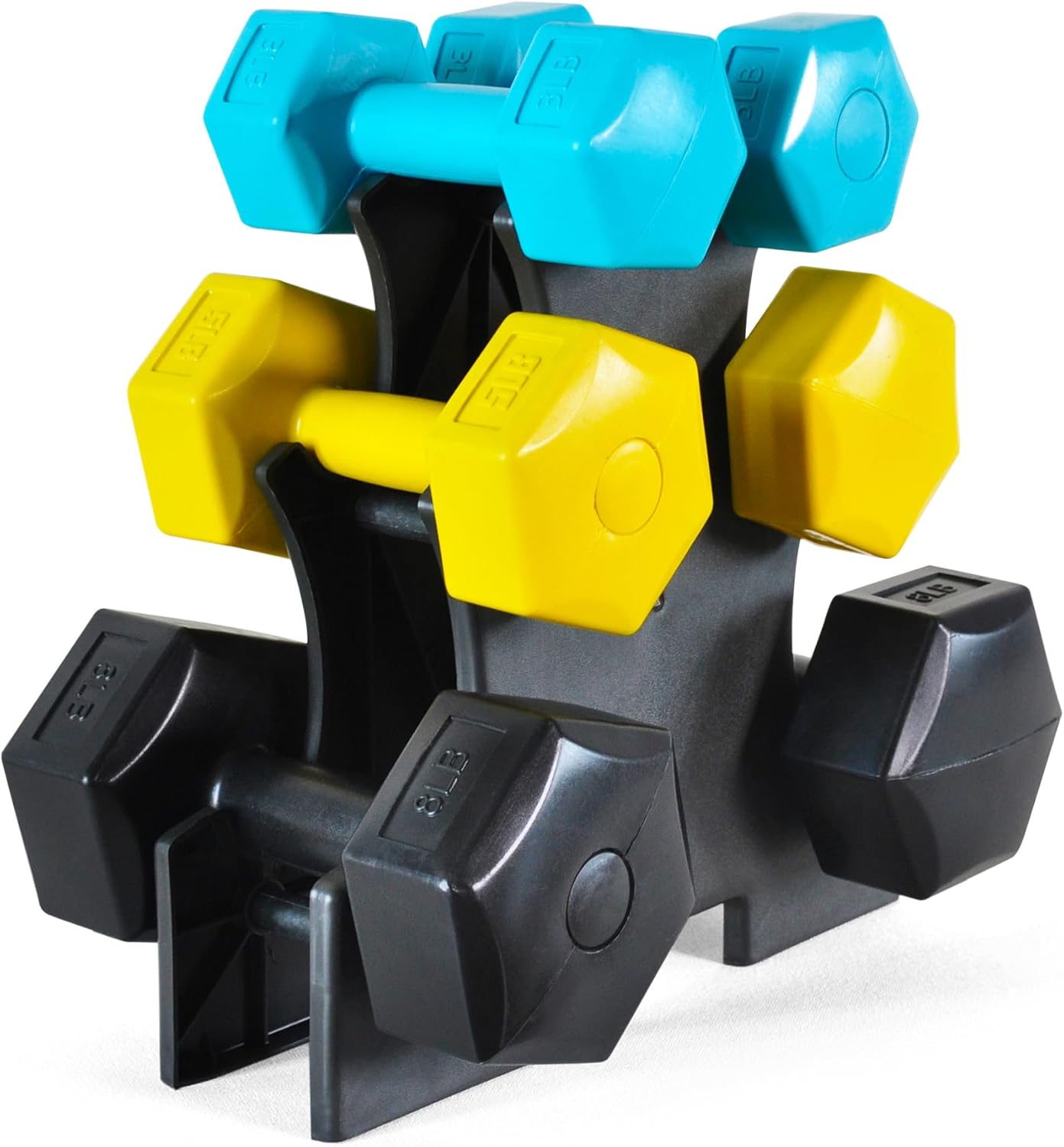 Colored Vinyl Coated Dumbbell Set with Stand, 32-Pound Set with Stand, 3LB, 5LB, 8LB (3 Pairs)