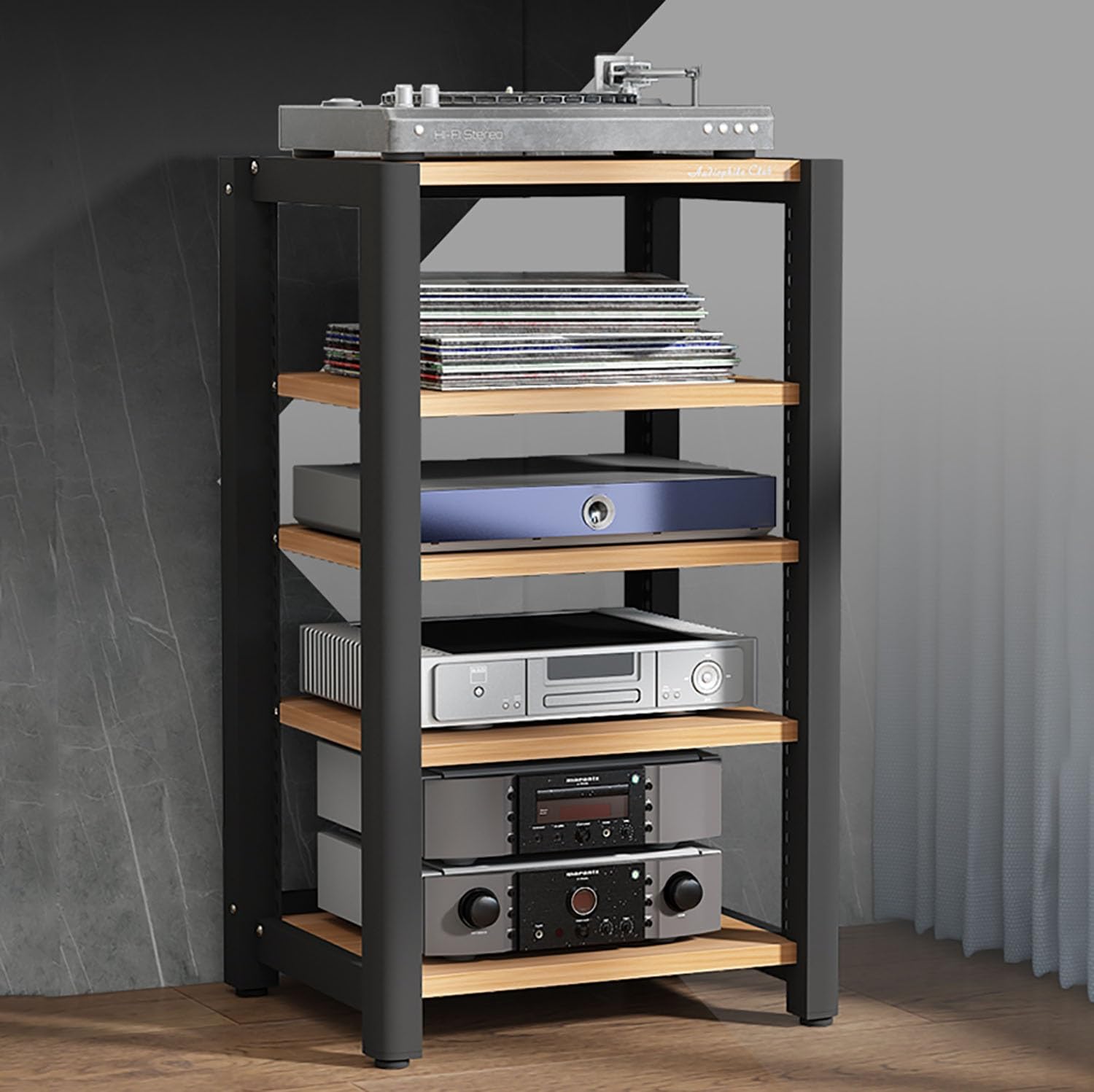 Supporto audio stereo, mensola da gioco, supporto giradischi, supporto multimediale AV, mensola angolare con ripiani in legno, display CD/DVD per proiettori, PS5 e lettori