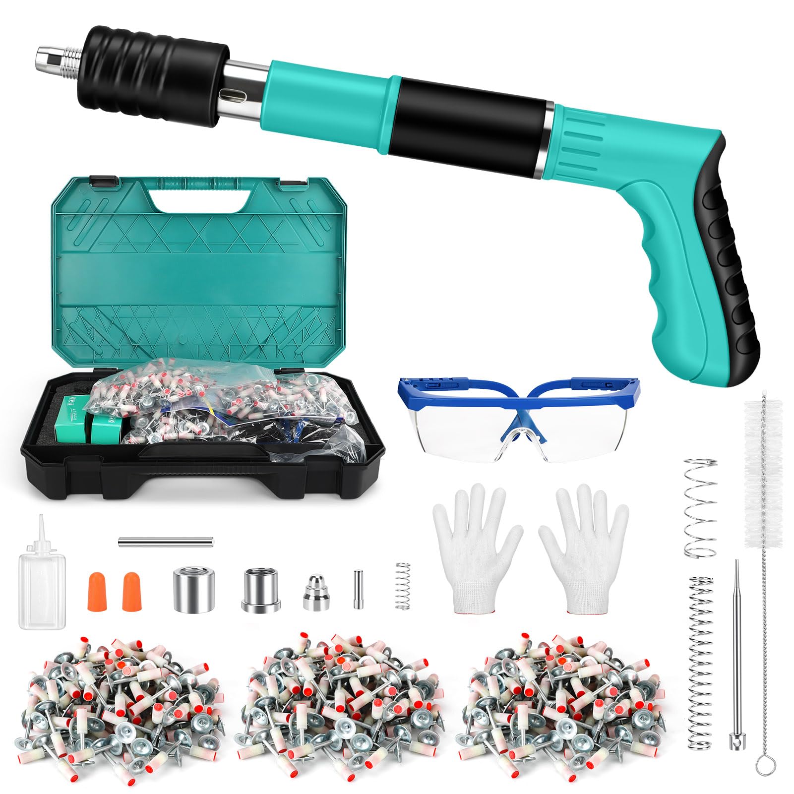 Pistolet à clous manuel, pistolet à clous 5 vitesses avec 300 clous ronds, pistolet à clous pour béton et acier, pistolet à clous portable pour coupe-fil/plafond avec gants (Vert, L)