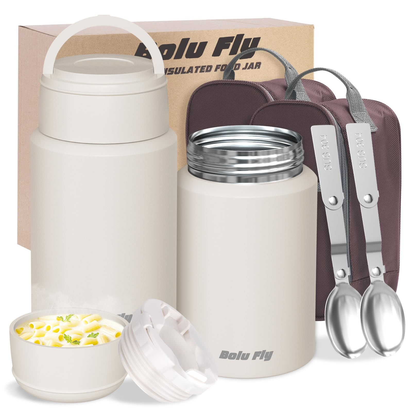 Bolu Fly 2 Pack Insulated Food Jar 18.5&27 oz Stainless Steel Thermos for Hot &Cold Food Thermal Lunch Containers Soup Thermos with Carry Bag and Folding Spoon(Ivory)