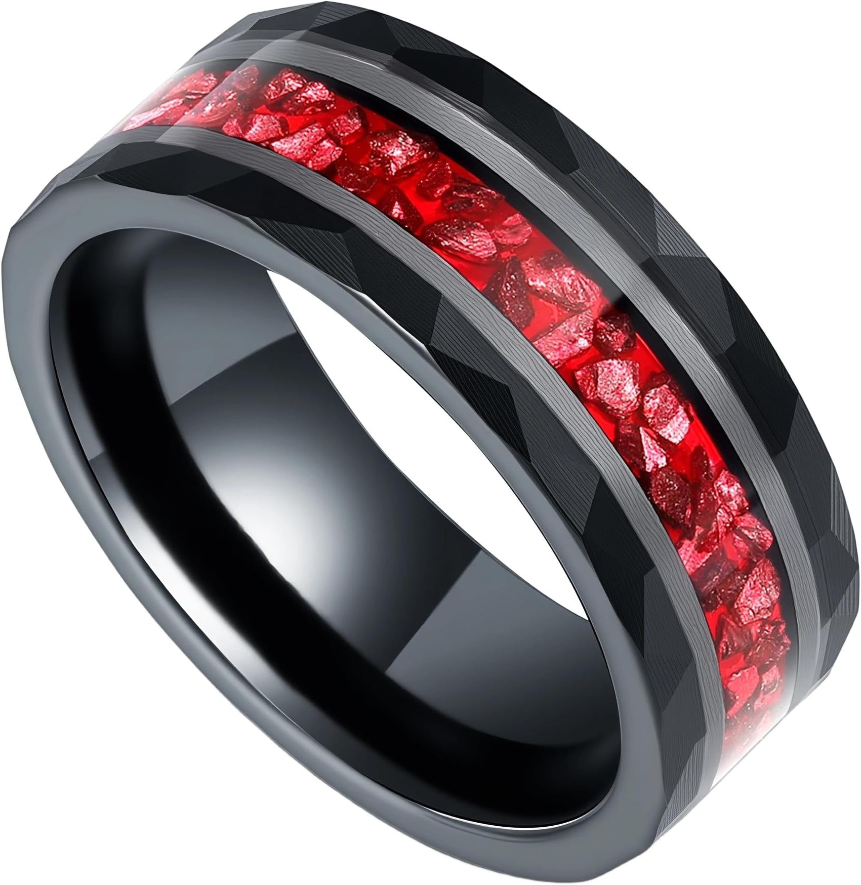 8mm Mens Tungsten Wedding Bands 14K Gold White Black Gold Plated Tungsten Rings for Men with Created Emerald/Ruby/Meteorite Inlay Promise Rings Hammer Comfort Fit Size 7-14