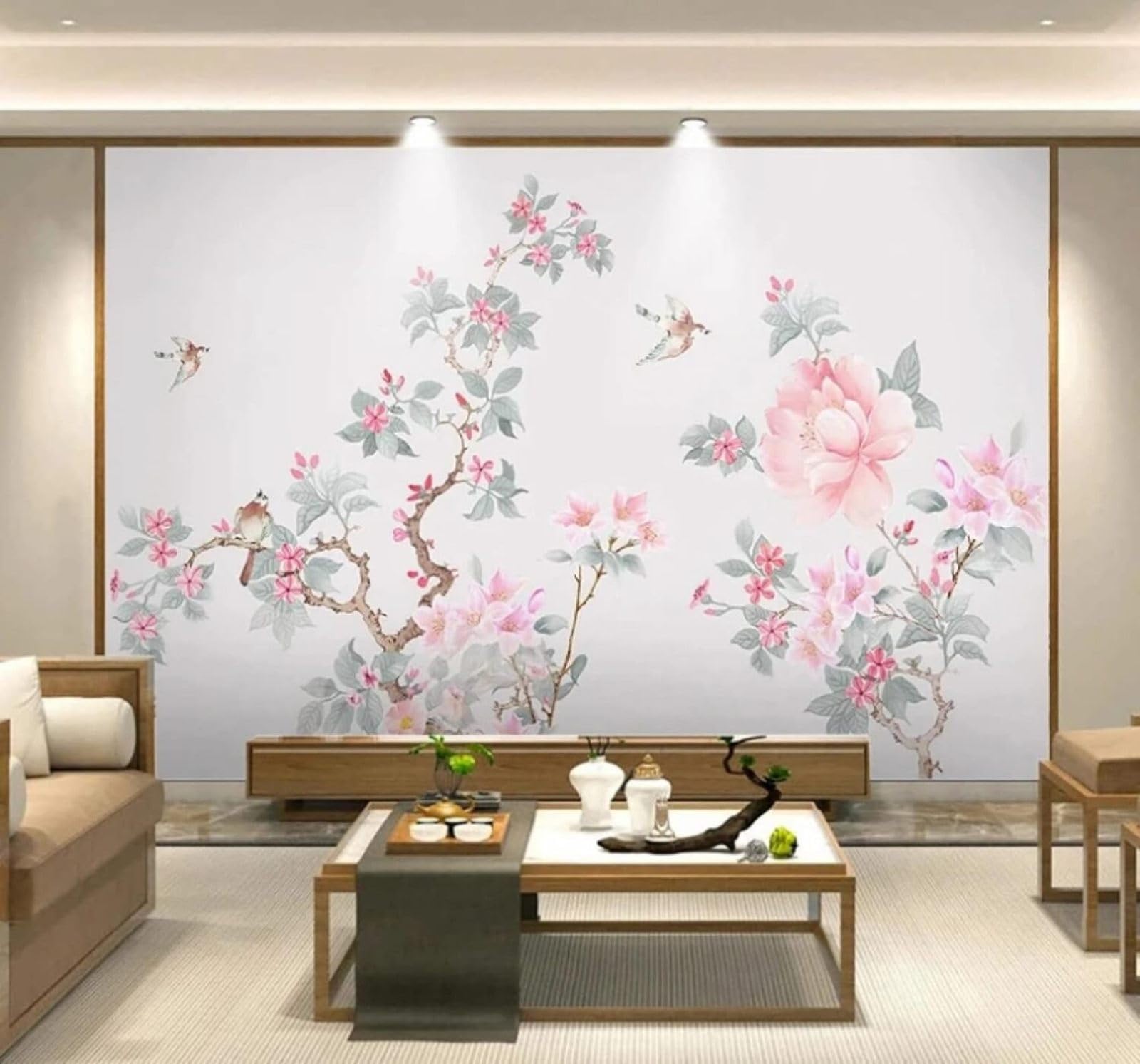 Hand Drawn Exquisite Minimalist Elegant Flowers and Birds 3D Wallpaper Easy Install Feature Office Living Room Sofa Bedroom TV Background Wall Decoration-150cm×105cm