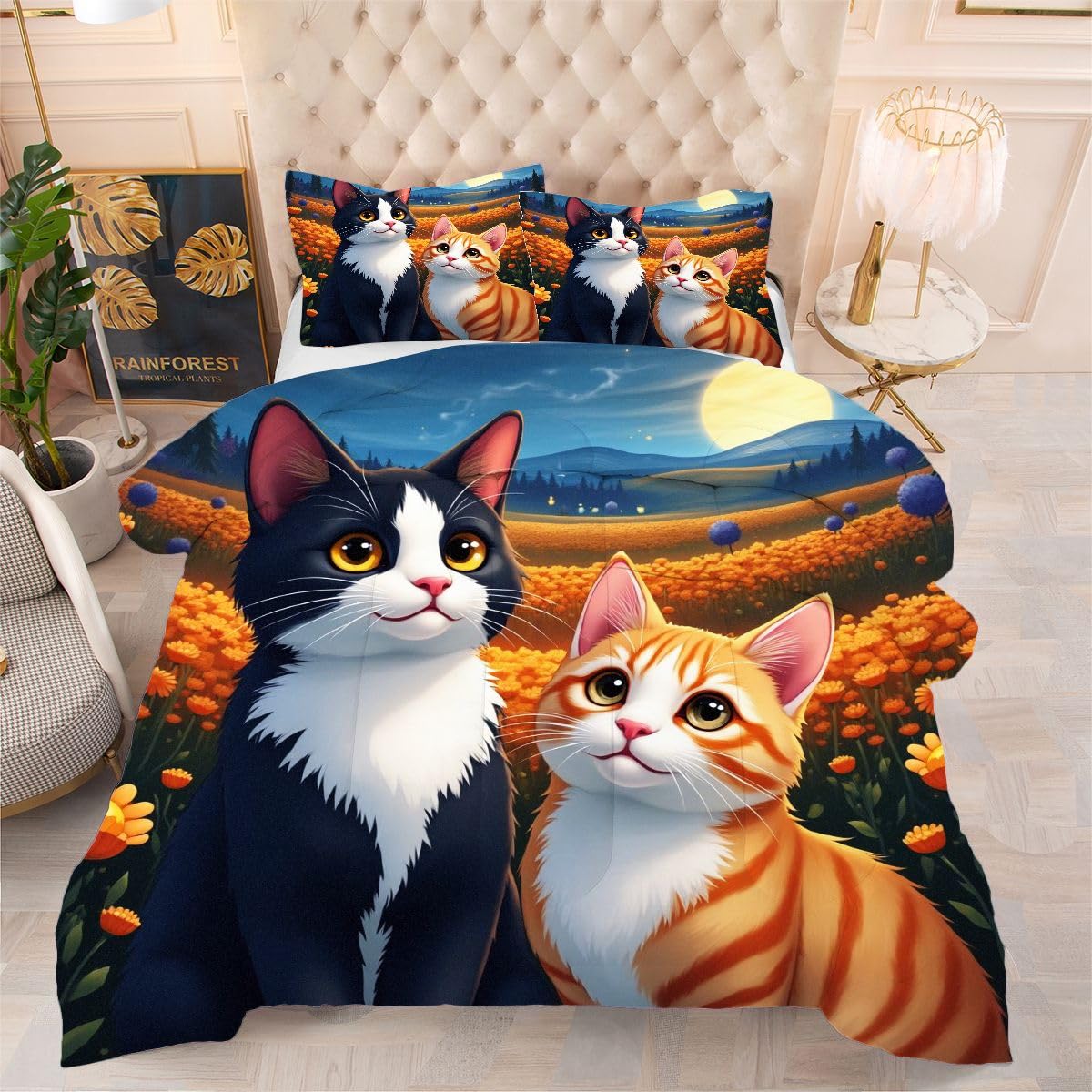 Couette 3D chat coloré lavable grand lit avec 2 taies d'oreiller imprimé dessin animé