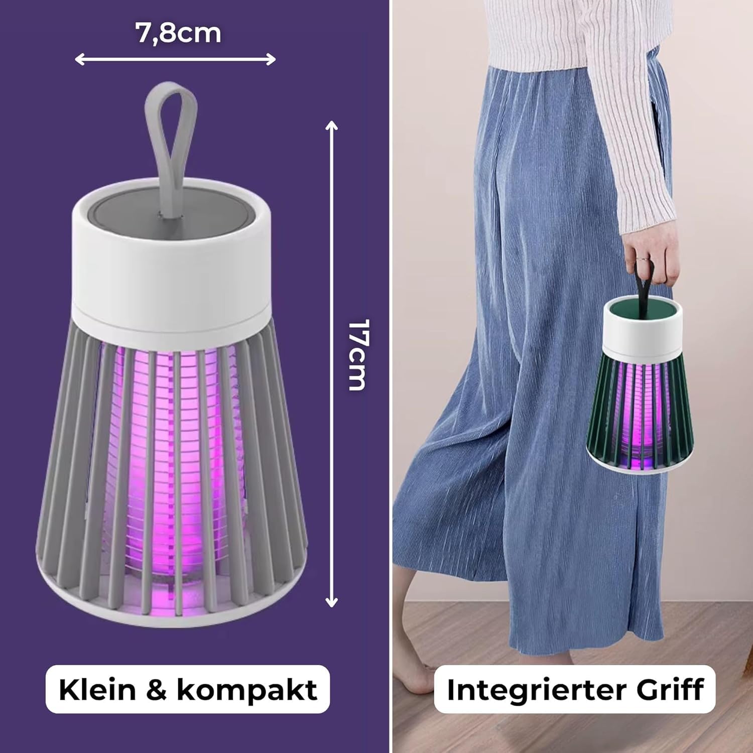 mosquishock Mosquito lamp 3-in-1 Akku-Moskitolampe – wasserdichte, Tragbare und Aufhängbare Insektenabwehr für drinnen und draußen, Effektiver Moskito-Zapper für Outdoor-Schutz(Grau)