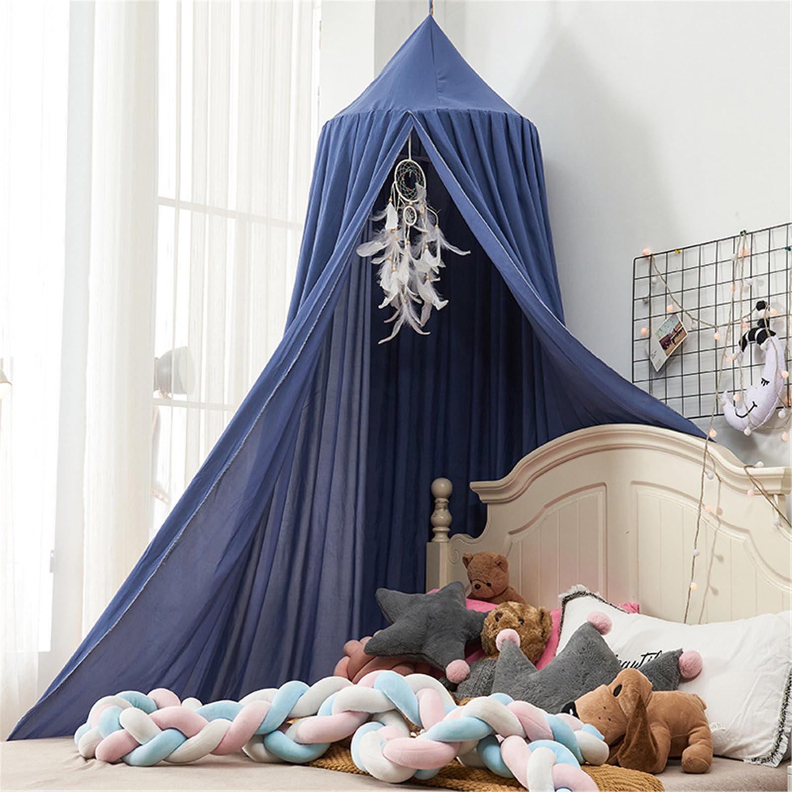 Baldaquin Lit Enfant Dôme Coton Avec Moustiquaire - Style Nordique, Drapeaux, Pompons - Pour Lit 1/1.2/1.5m