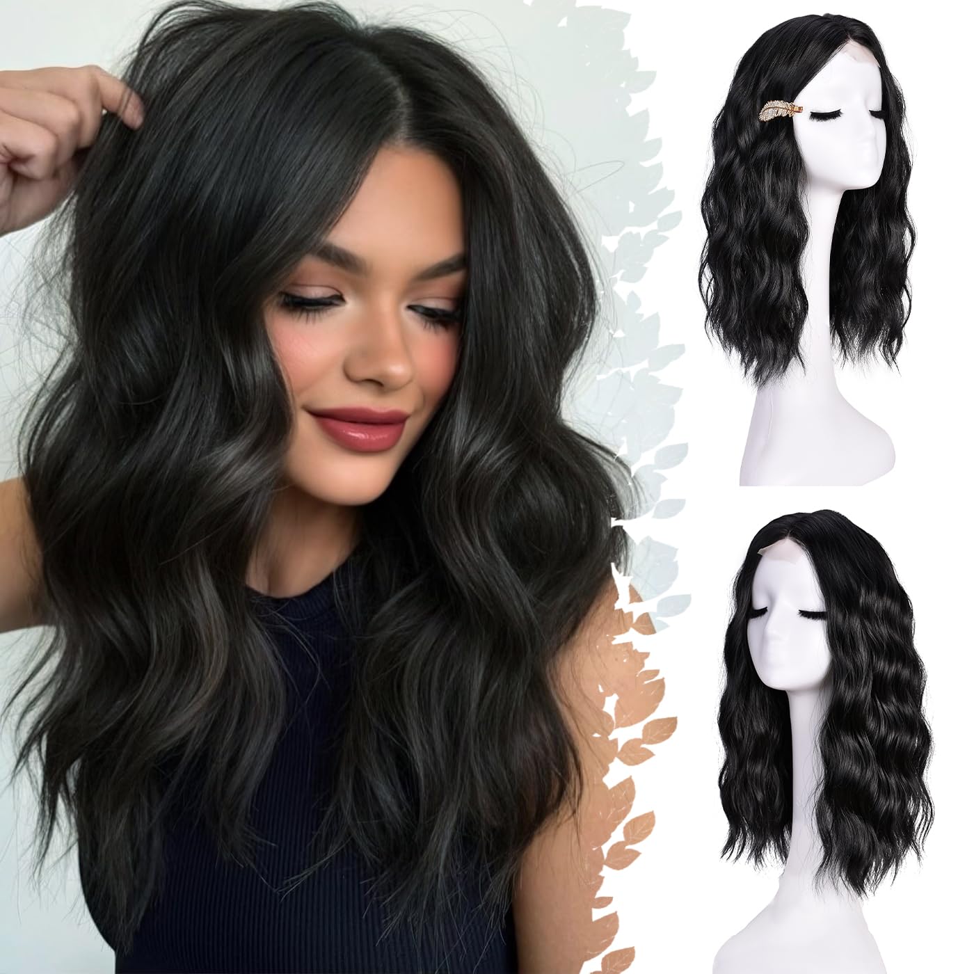 ANNISOUL Black Short Wavy Wigs for Women 18Inch Bob Wave Wig Middle Part Synthetic Lace Front Natural Hairline Hair for Daily Party Use - Image 3
