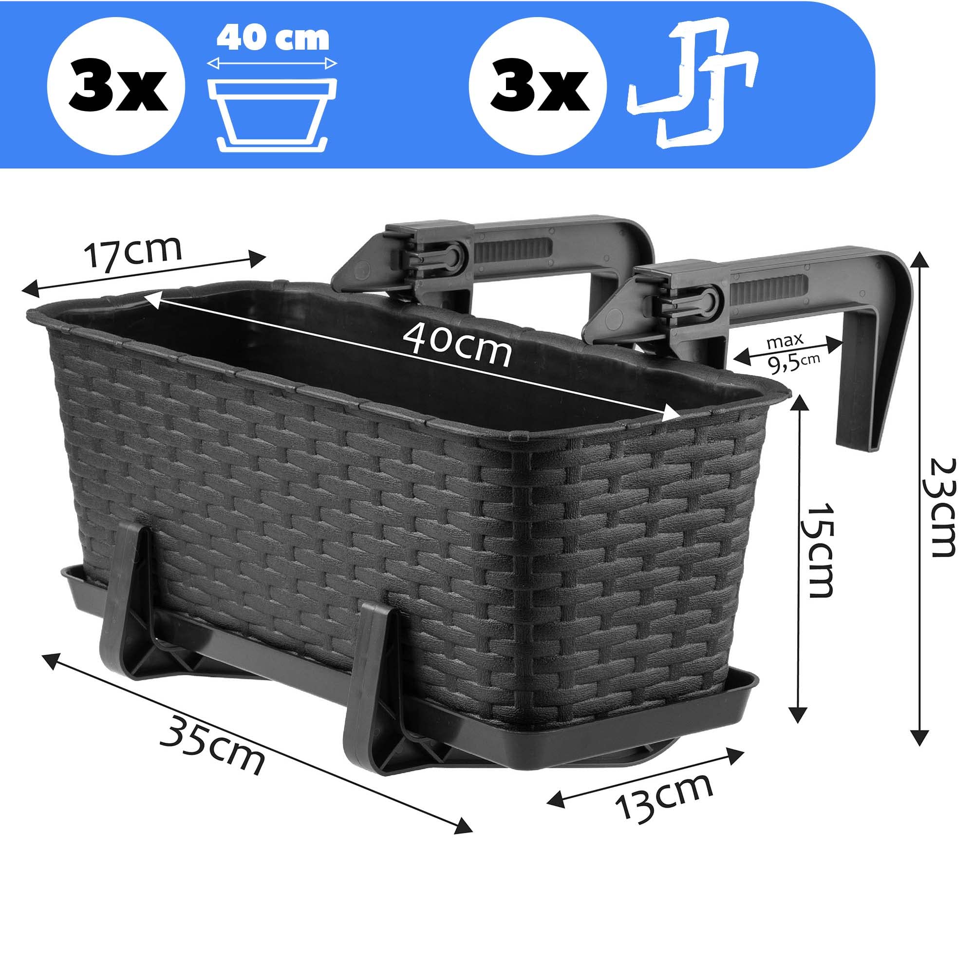 KADAX Macetas de Plástico Imitación Ratán, Maceteros Rectangulares con Platillos y Soportes para Exterior, Jardineras Colgantes (3: Antracita, 40 cm)