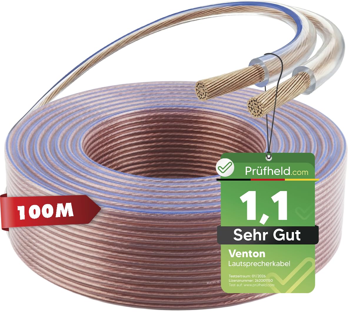 VENTON Cavo per altoparlante, 2 x 2,5 mm², in rame, 100 m, cavo per altoparlante in rame puro, cavo HiFi per altoparlanti e sistemi surround, cavo trasparente, made in Europe