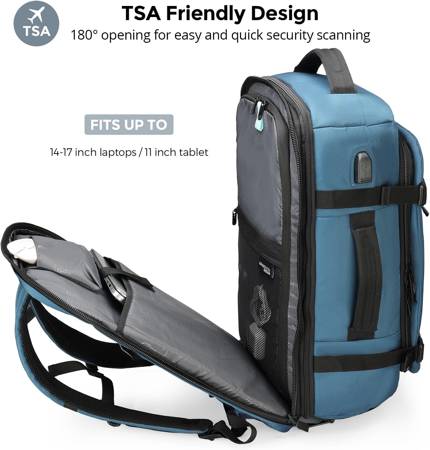 Swissdigital Design Travel Backpack 41.5L,TSA Friendly Flight Approved Carry-on Luggage Hand,with USB Charging Port Large Weekender Bag Fits 17 Inch Laptop Backpack Blue | SD1756-30
