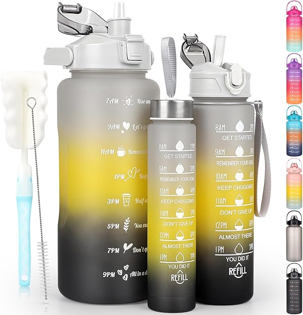 CodiCile Motivational Water Bottle with Straw 3 Pcs, 2L 700ML 300ML Reusable BPA Free Sports Water Bottle, Leakproof Drinks Bottle with Time Markings (Black Yellow)
