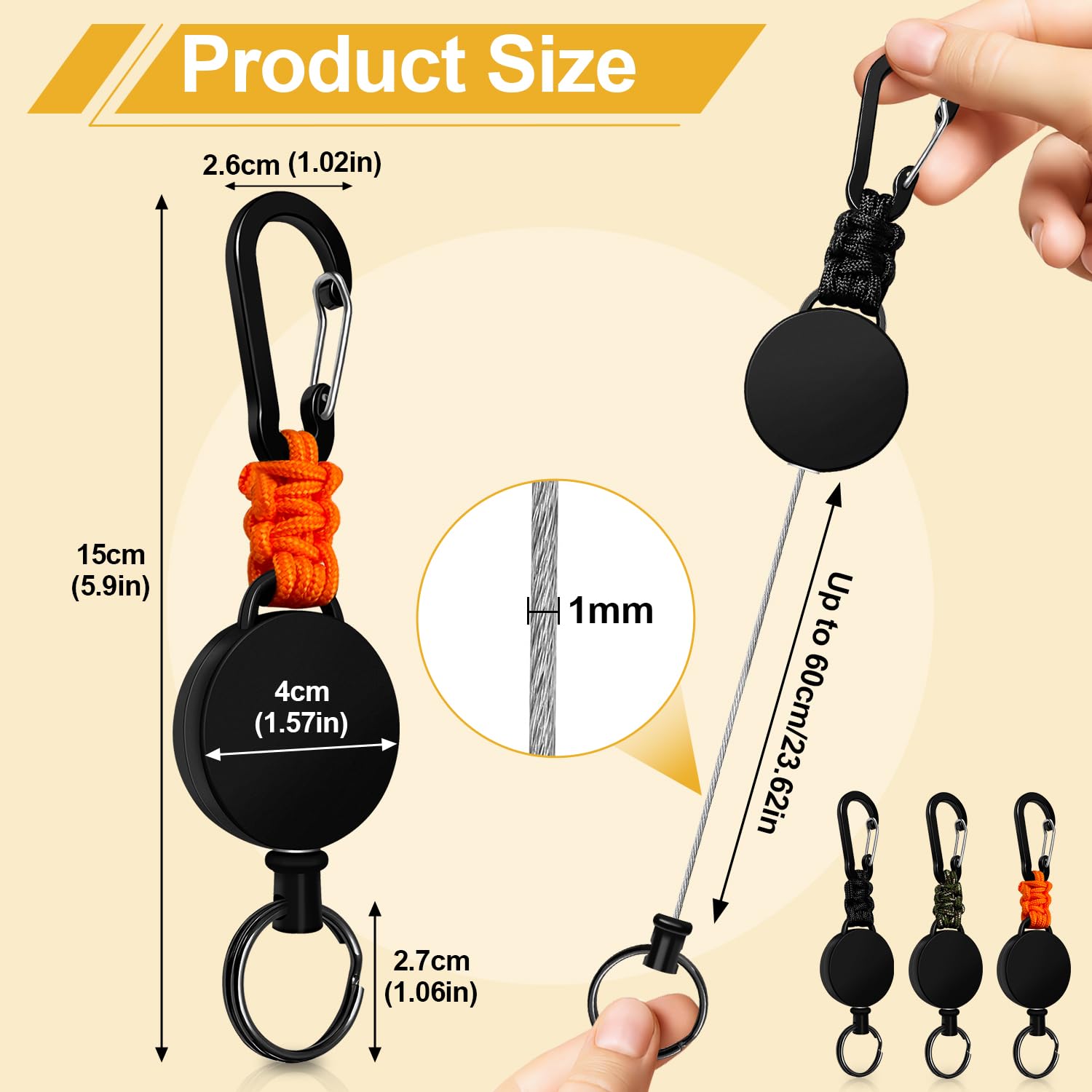 Retractable Keychain 3 Pack Heavy Duty Carabiner Badge Holder Extendable Reel ID Badge Holders Retractable for Keys Ring with 60 cm Steel Cord and Lanyard (): Black+orange+green