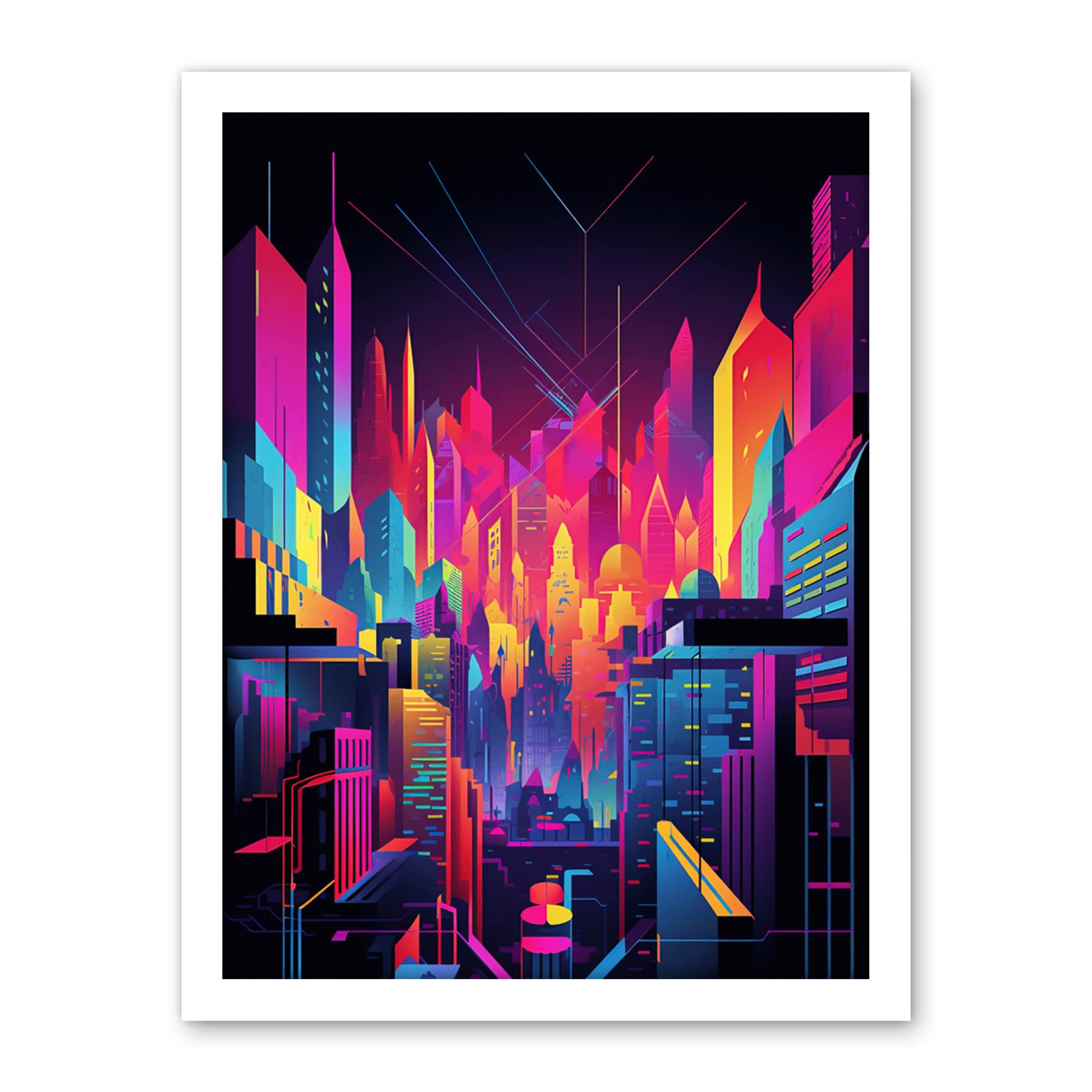 Artery8 Neon Light Colour Abstract Metropolis Cityscape at Night Modern Artwork Artwork Framed Wall Art Print 18X24 Inch