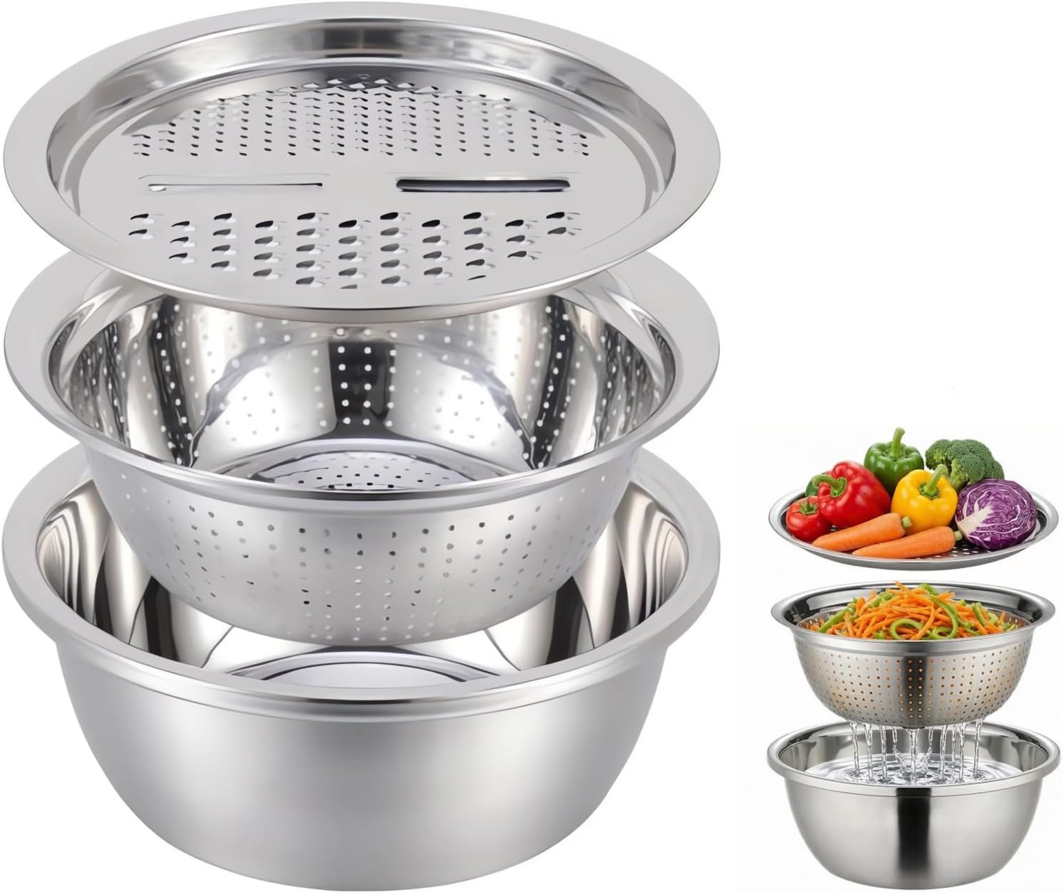 Mixing Bowls Set, 3 In 1 Multifunctional Stainless Steel Basin, Rice Washer Strainer Bowl, Kitchen Grater Set with Drain Basket for Vegetables Salad, 10.2 Inches